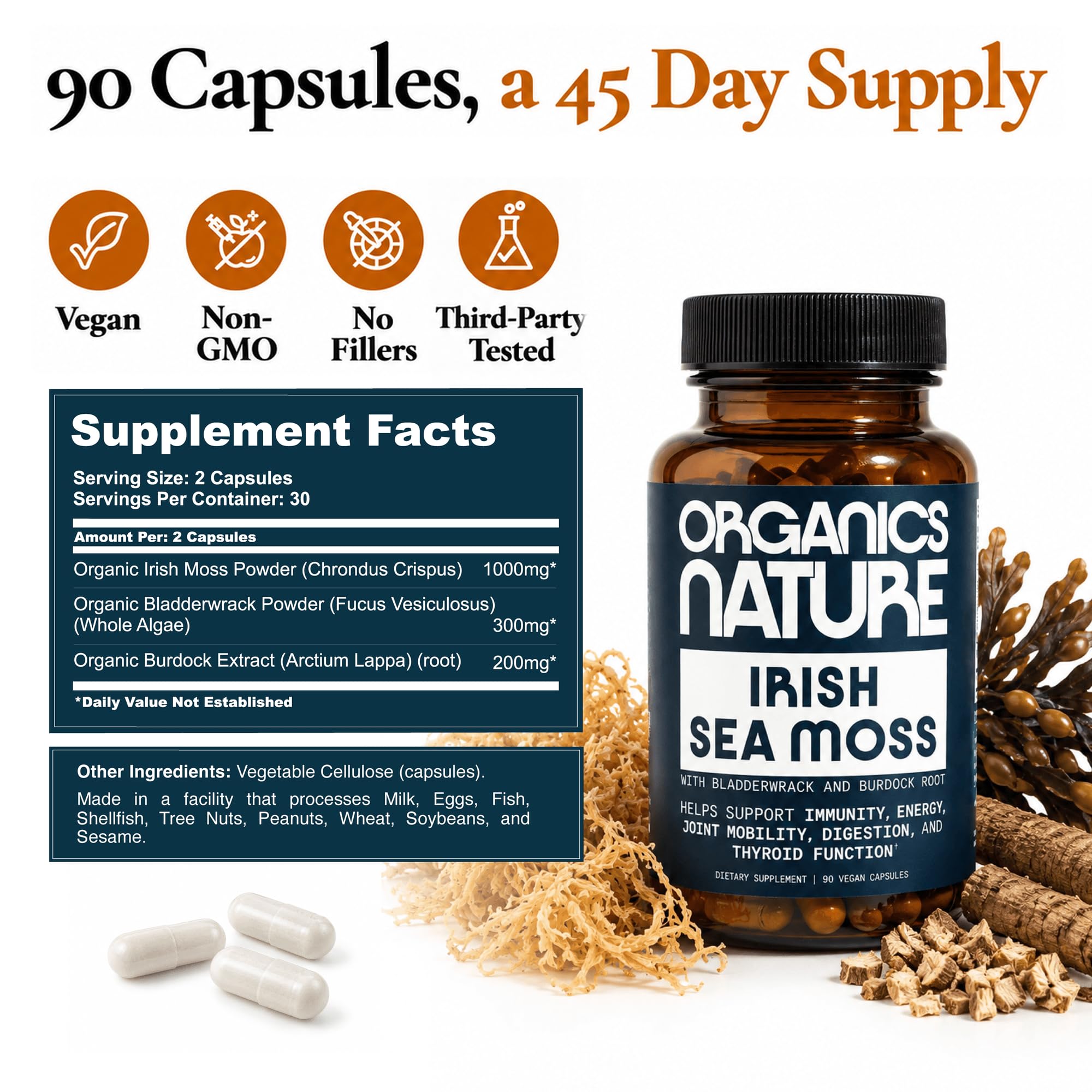 ORGANICS NATURE Irish Sea Moss Capsules, with Bladderwrack, Burdock, 90 Ct — Amazon image 4