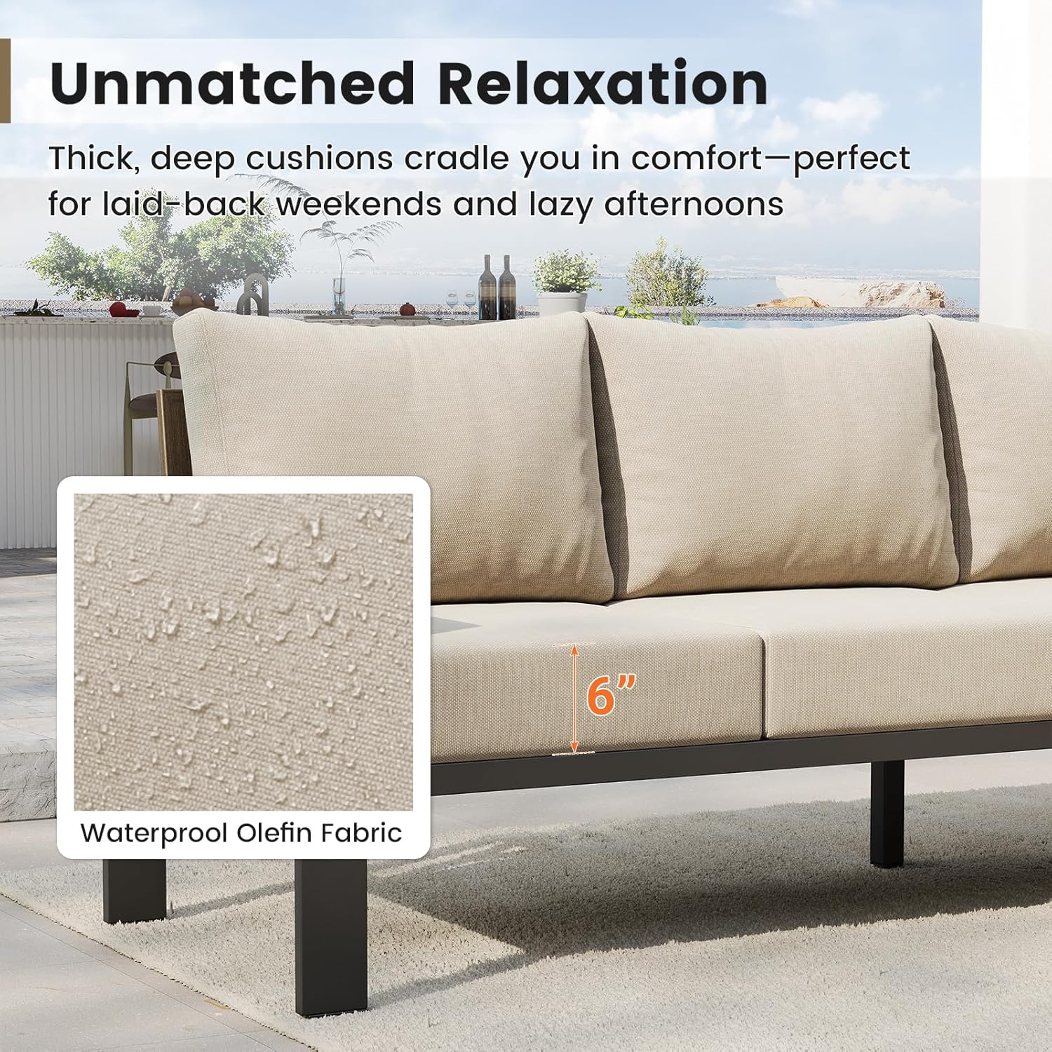 UDPATIO 6 Piece Patio Furniture Set, Metal Outdoor Sectional Sofa with 6" Thick Olefin Cushions, Wide Armrest & Coffee Table, L Shaped Outdoor Furniture for Garden, Backyard Beige