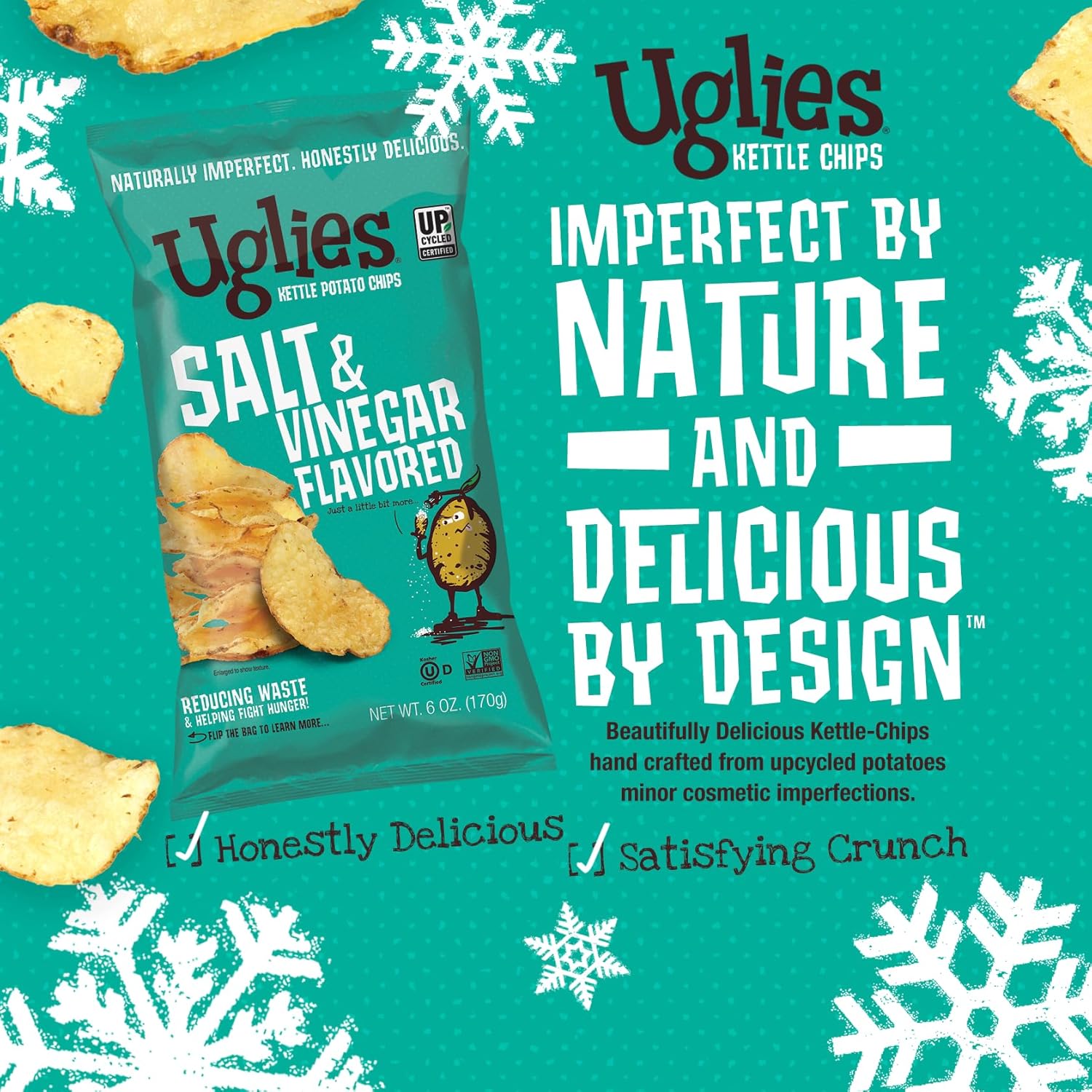 Uglies BBQ, Sea Salt 6 OZ Kettle Cooked Potato Chips - Gluten Free, Kosher, Non-GMO, Office and Kids Snacks - Individual Lunch Snack 6 OZ Variety Pack of 4