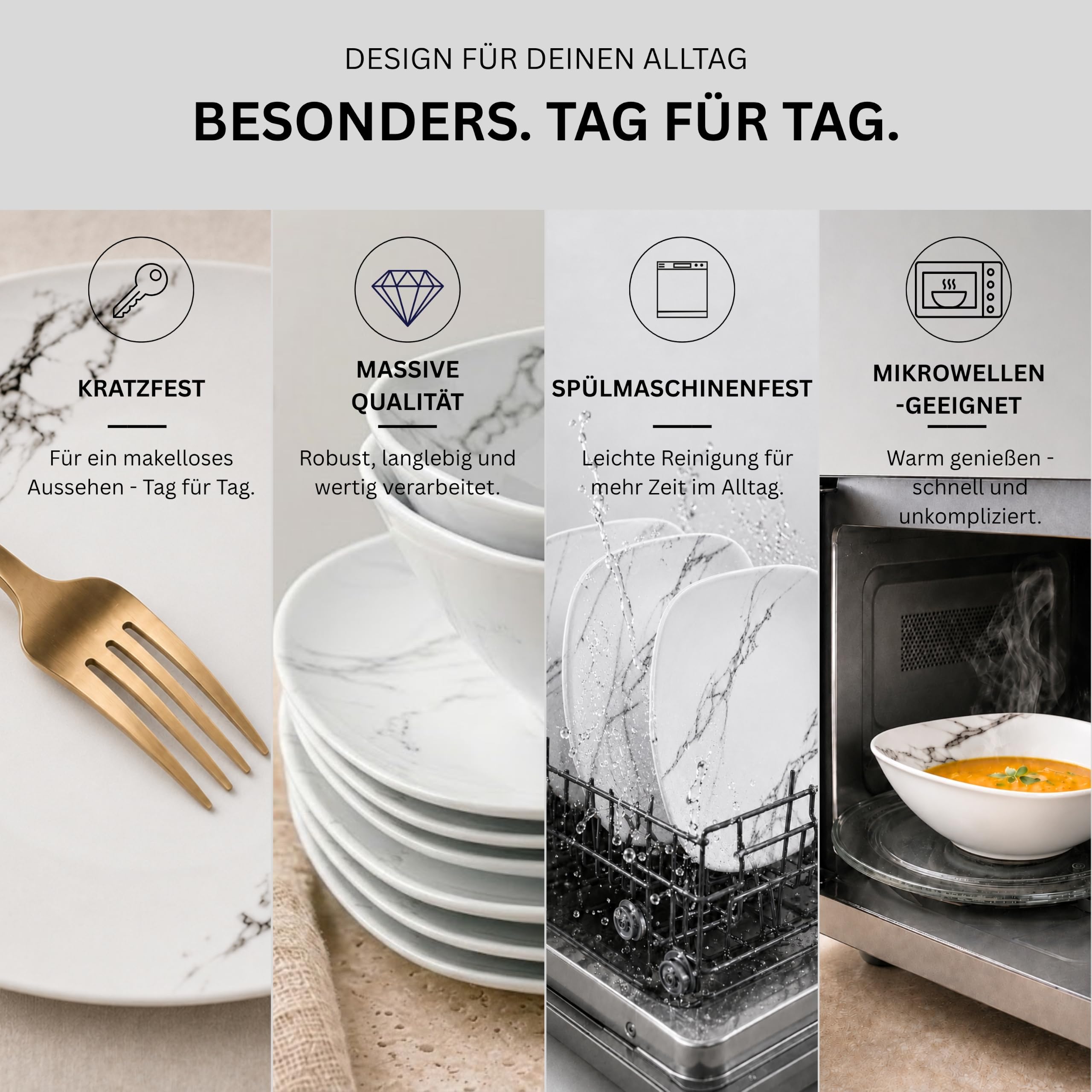 SÄNGER | Kombiservice Bilgola Marmor, 36-teiliges Geschirrset für 6 Personen mit Speise-, Dessert-, Suppentellern, Müslischalen, Kaffee- und Untertassen aus Porzellan, Eckig | PREMIUM COLLECTION
