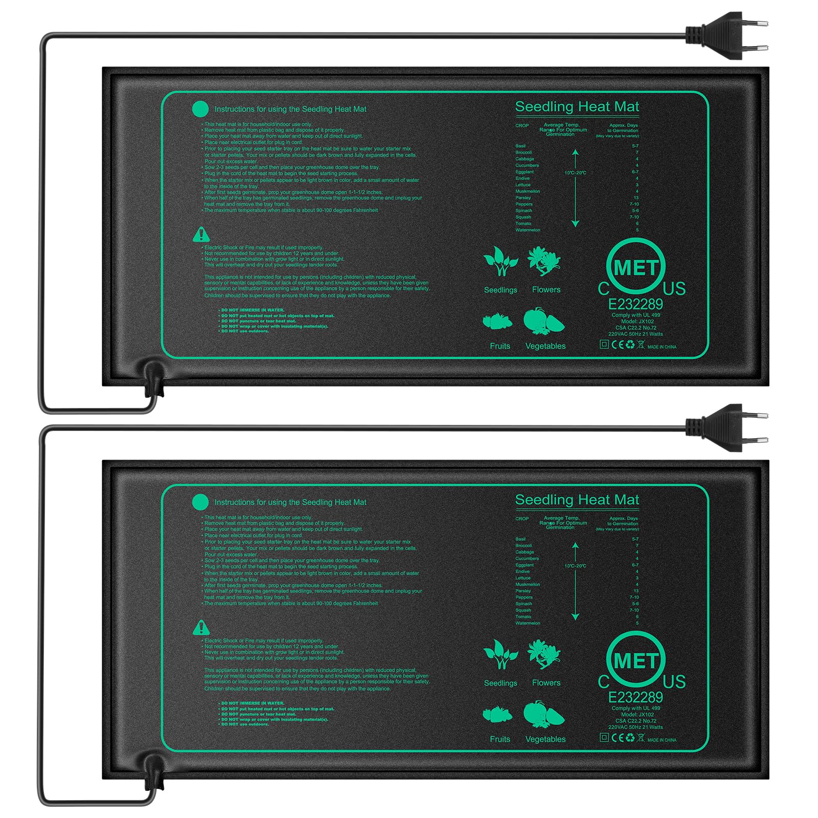 2 Pack Tapis Chauffant pour Semis, 20 Watts Étanchéité Tapis Chauffant pour Plantes, Tapis Chauffant Bouturages, pour Intérieur de Serre Germination Reptile Amphibien, Sûr Et Durable, 52.5 × 25 cm