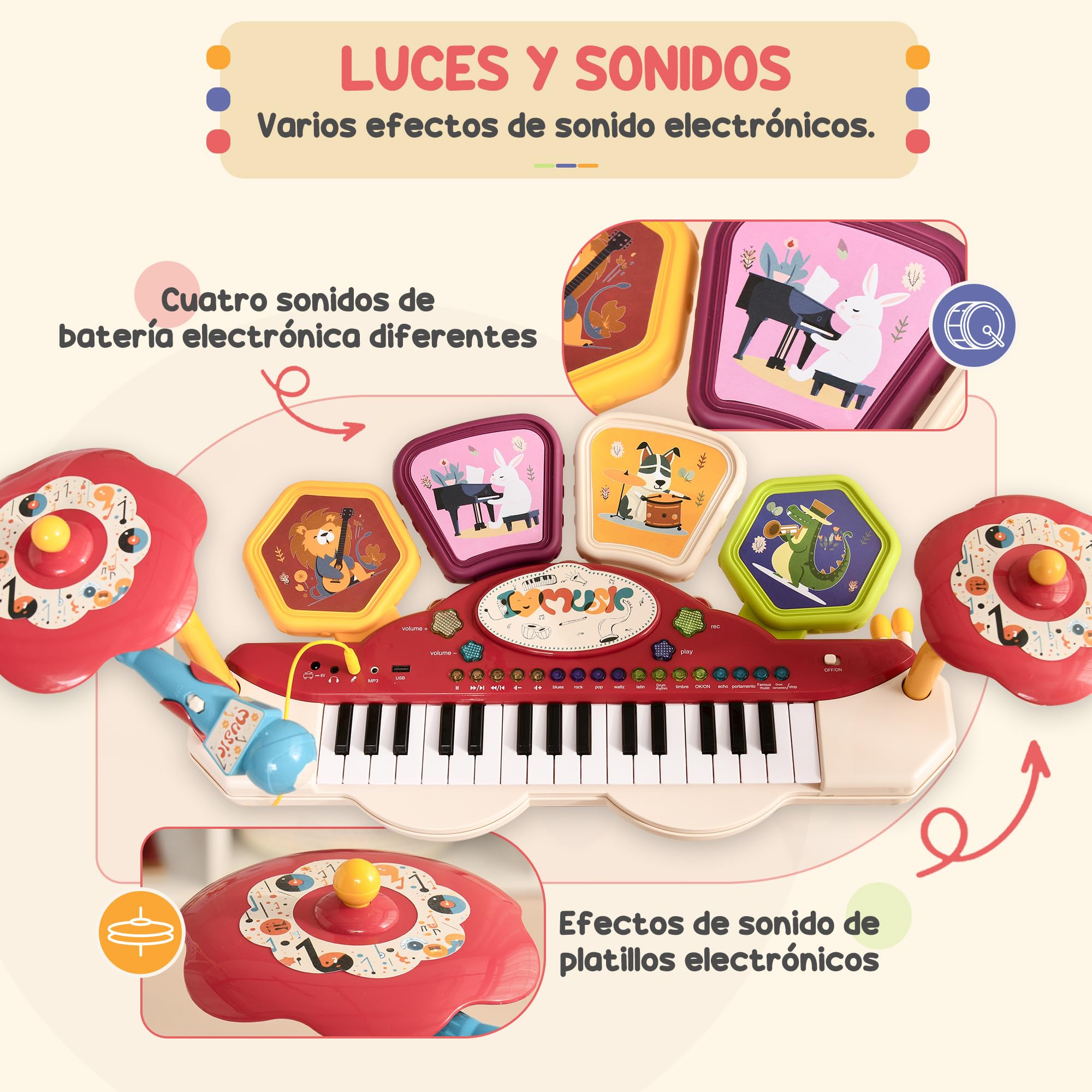 AIYAPLAY Piano Electrónico Infantil Piano para Niños 2 en 1 con 32 Teclas Batería Taburete Micrófono 19 Canciones y Volumen Ajustable 74x32,2x71 cm Multicolor