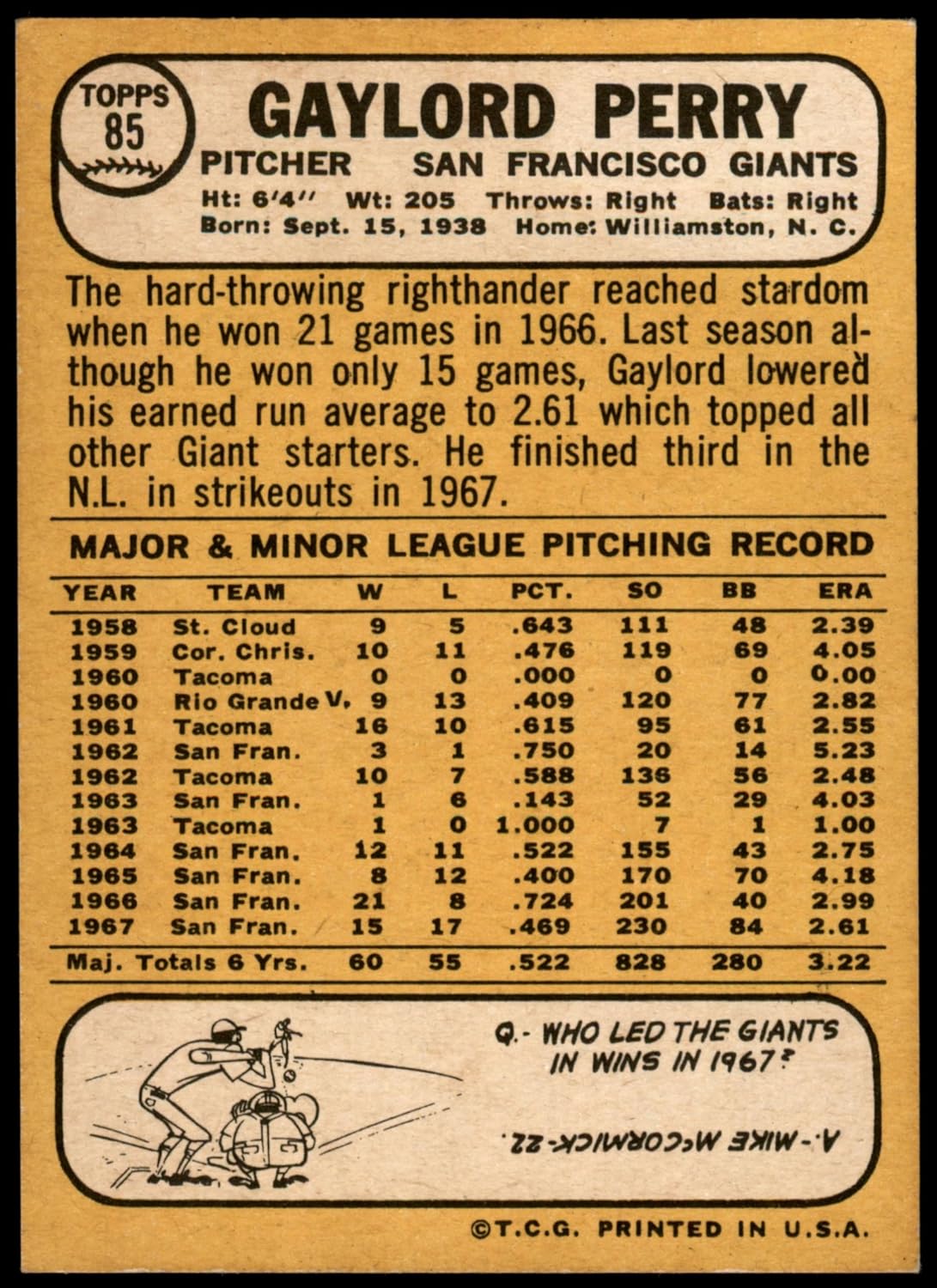 1968 Topps #85 A Gaylord Perry San Francisco Giants (Baseball Card) (Back is Gold in Color) NM Giants