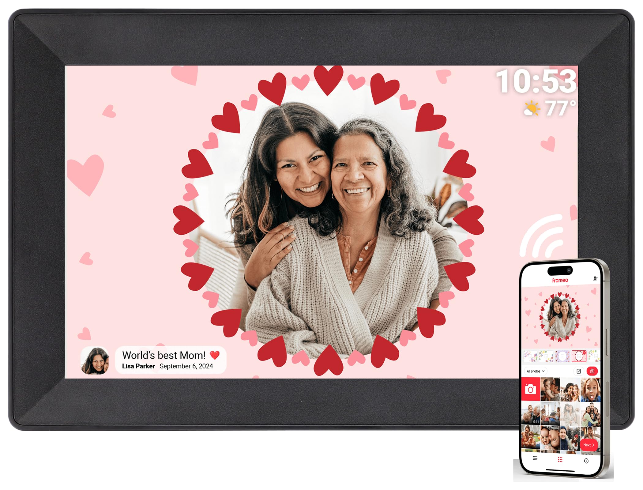 Frameo - Cornice per foto digitale WiFi da 10,1 pollici, HD IPS 1280 x 800 pollici, display touch elettronico, 32 GB di memoria, rotazione automatica, montaggio a parete