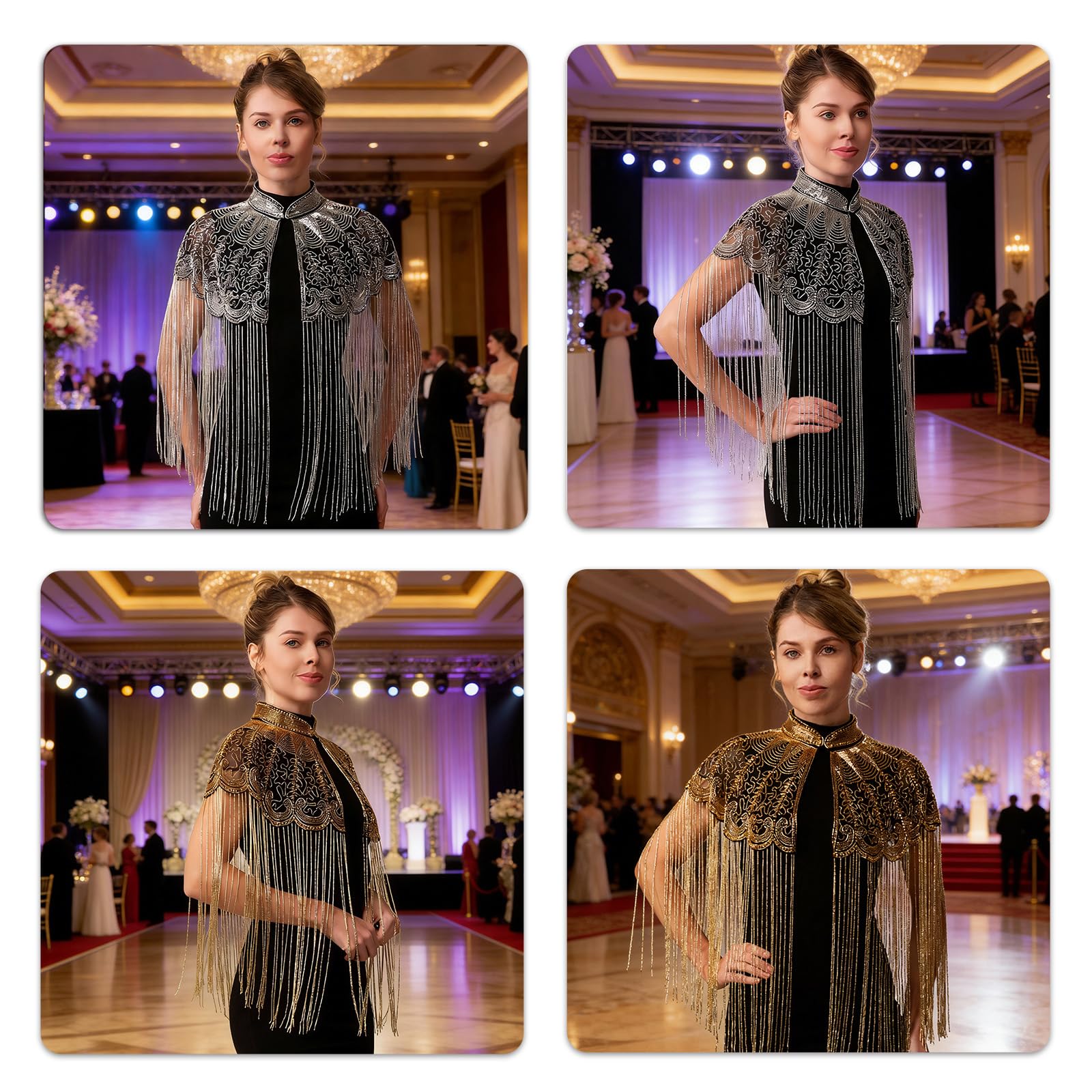 Elegante scialle ricamato in poliestere con frangia lunga e perline Decors Prom Dinner Wrap per donne e ragazze con frange