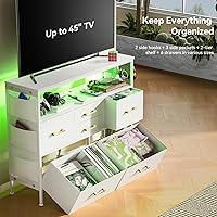 Vista 18 de Cómoda para dormitorio, soporte de TV con tomas de corriente y luz LED, cómoda de 6 cajones con bolsillos laterales y ganchos, cómoda ancha