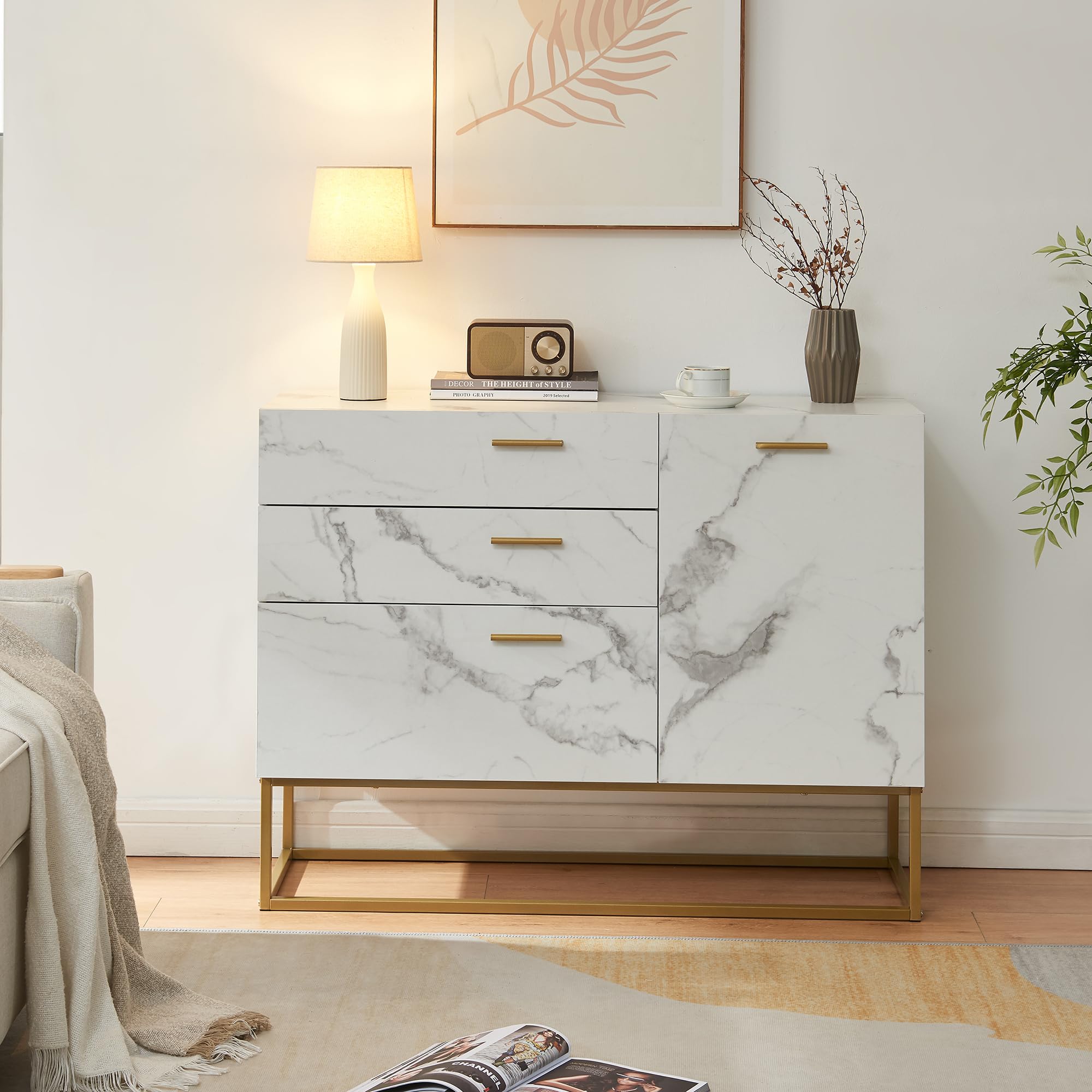 [en.casa] Comò con Anta e 3 Cassetti Armadio Basso Mobile Contenitore per Soggiorno Ingresso con Telaio in Metallo 75 x 100 x 35 cm Dorato/Effetto Marmo Bianco