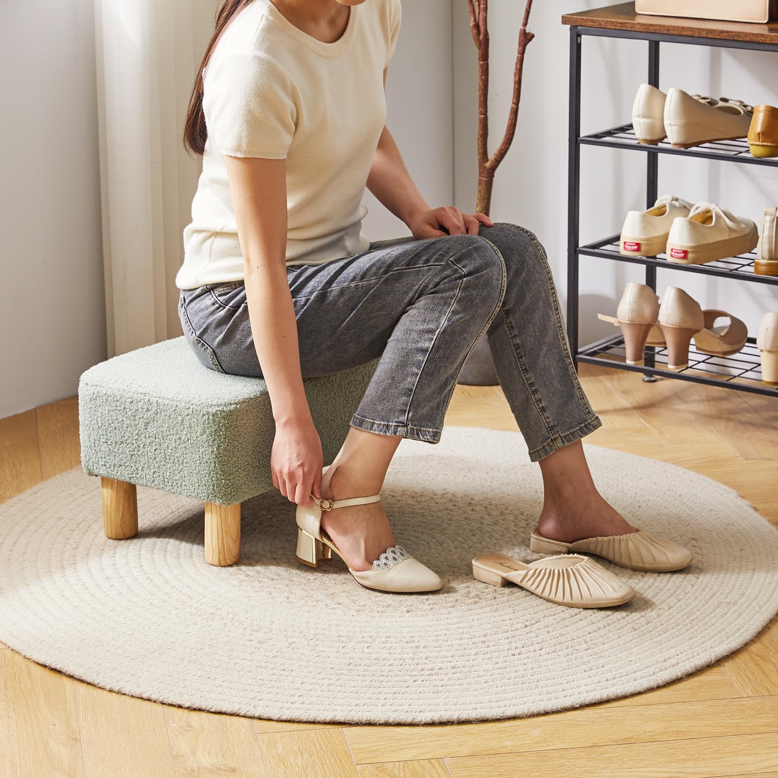 YMYNY Petit Pouf Ottoman, Repose-Pieds, Ottomane Rectangulaire avec Pieds en Bois Stable, Matériau Teddy, Tabouret Bas, Tabouret de Canapé pour Salon, Chambre à Coucher, 42 × 29 × 24CM Vert HBD030GR