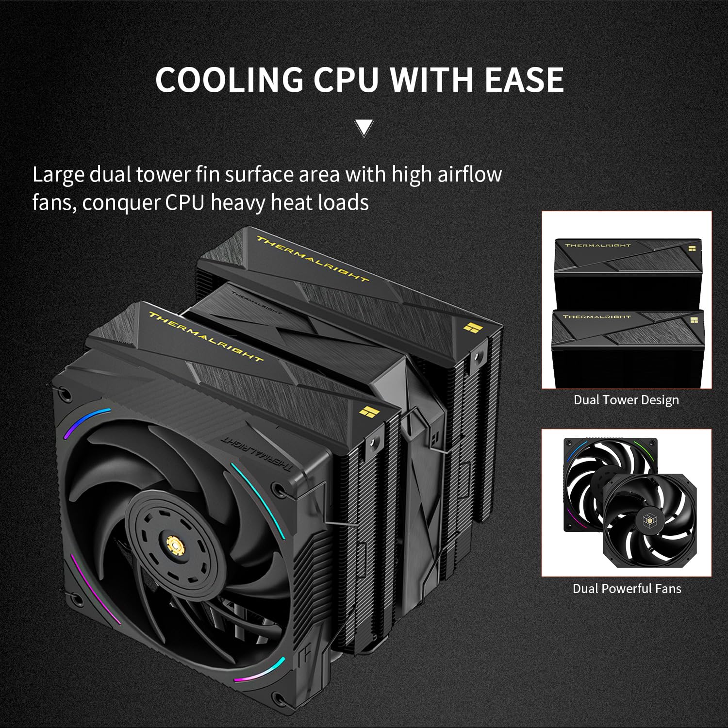 Thermalright Royal Pretor 130 Ultra Black - Enfriador de aire para CPU, 7 tubos de calor, doble torre, cubierta superior cepillada, para Intel lga1700/1851/2011/115X, AM5, ventiladores PWM dobles