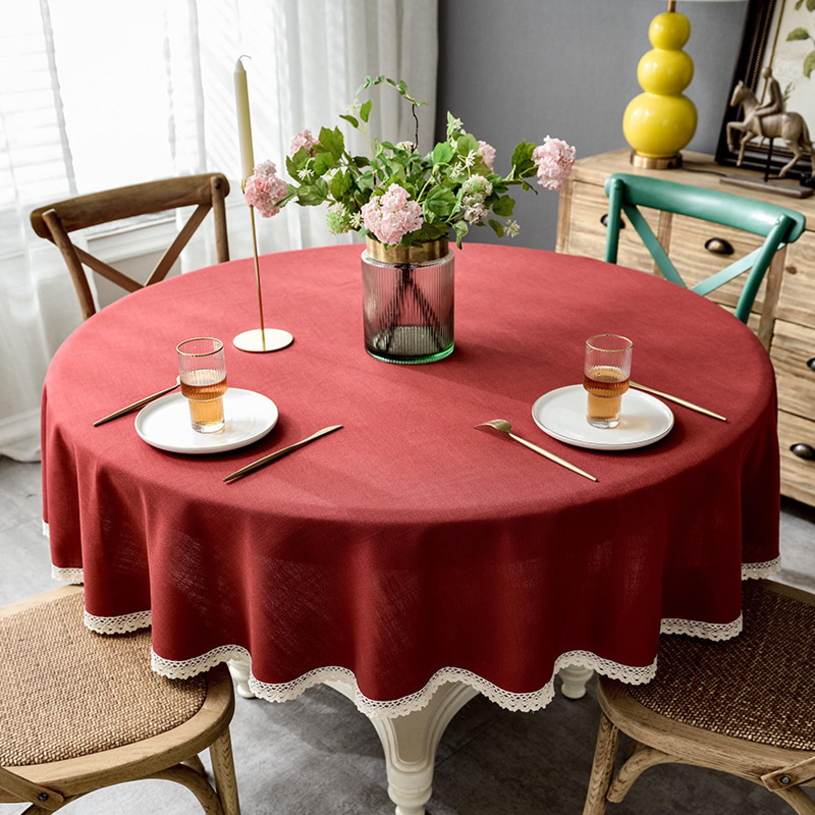 Tovaglia Da Tavolo Antifade Lino di Cotone Antimacchia con I Colori Chiari Non Sbiadisce Cerchio B Rosso diametro 200 cm