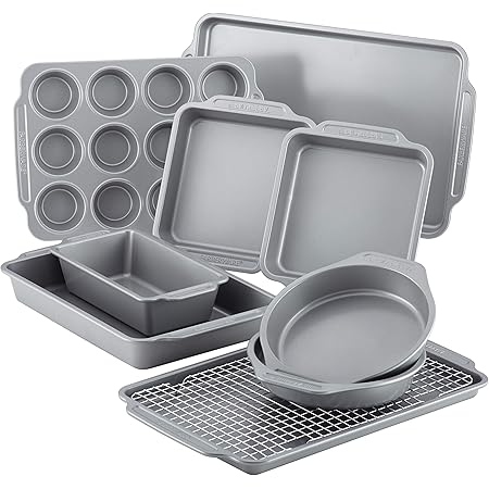 Farberware Nonstick Steel Bakeware Set with Cooling Rack, Baking Pan and Cookie Sheet Set with Nonstick Bread Pan and Cooling Grid, 10-Piece Set, Gray