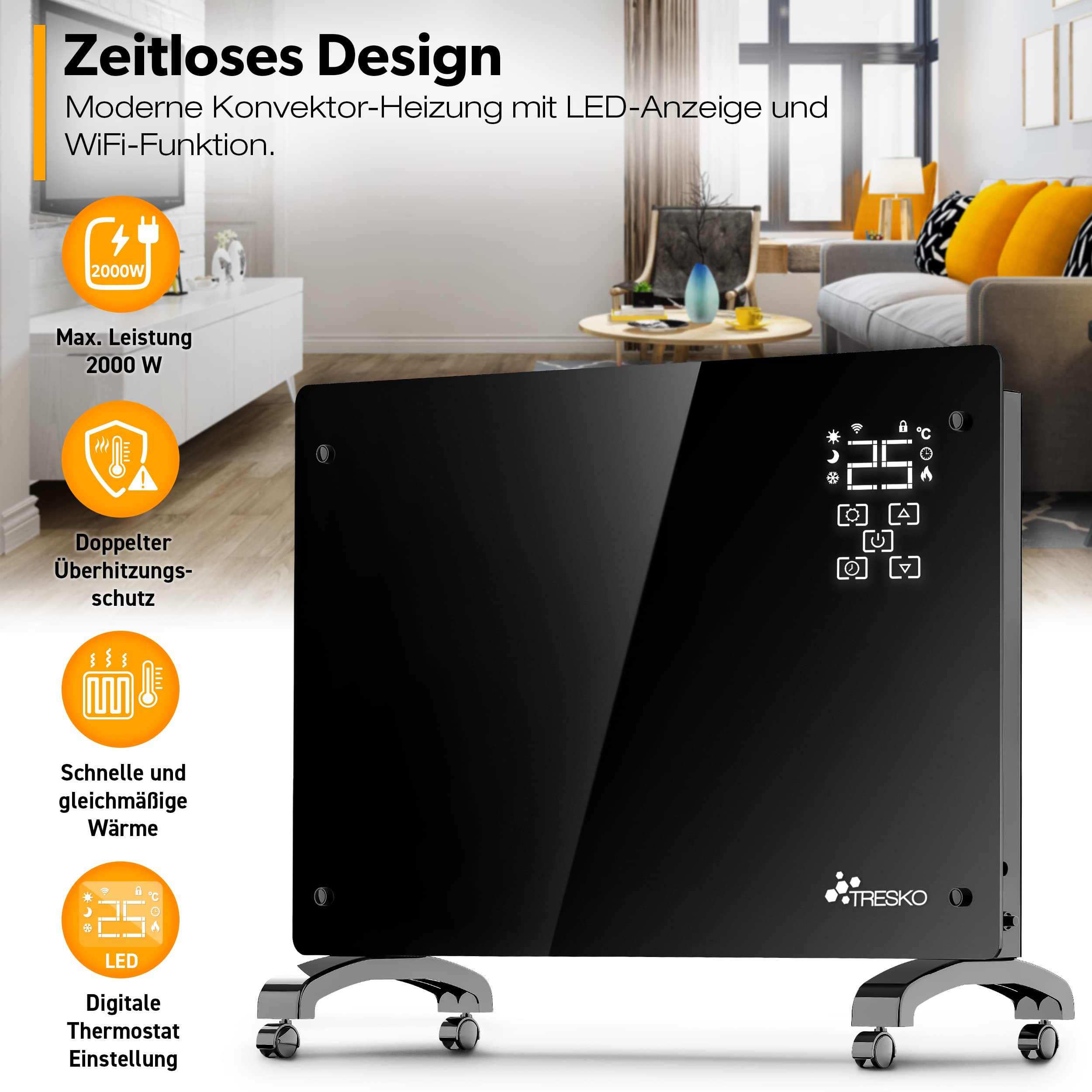TRESKO® Szklany konwektor 2000 W, aplikacja WiFi, ogrzewanie elektryczne, ogrzewanie szklane, grzejnik konwektorowy, grzejnik LED i timer, grzejnik elektryczny, ogrzewanie stojące lub ścienne