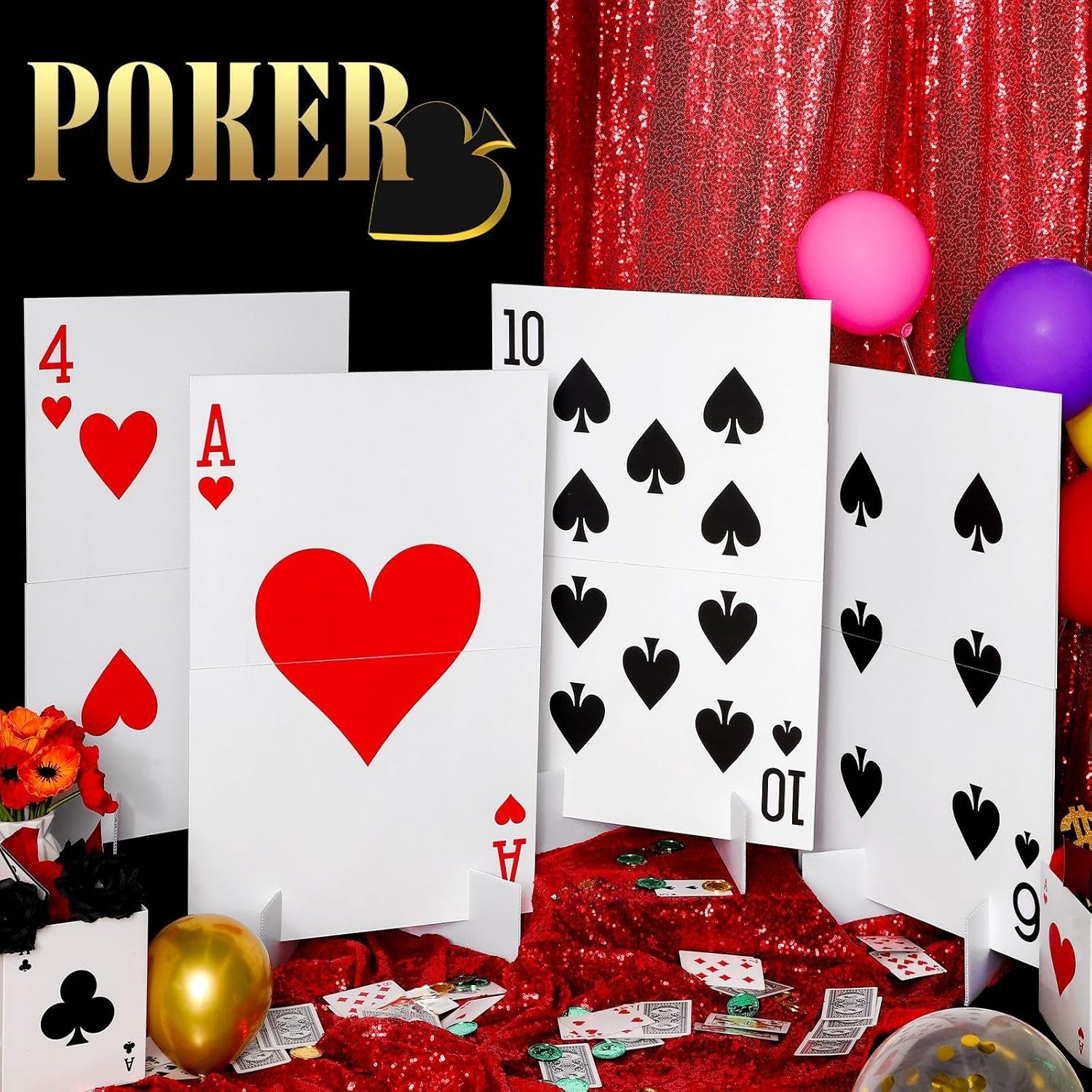 Reallnaive Casino Theme Party Decoration Giant Poker Yard Sign with Stakes Large Lawn Sign for Party to Enter Car Heart Entrance Door Birthday Decor Supplies(4 Sets,4 Style)