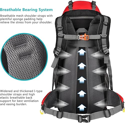 Miniatura 5 de 70L senderismo mochila camping mochila mochilero, montañismo mochila con cubierta de lluvia 65L+5L, Rojo -, Mochilas de viaje