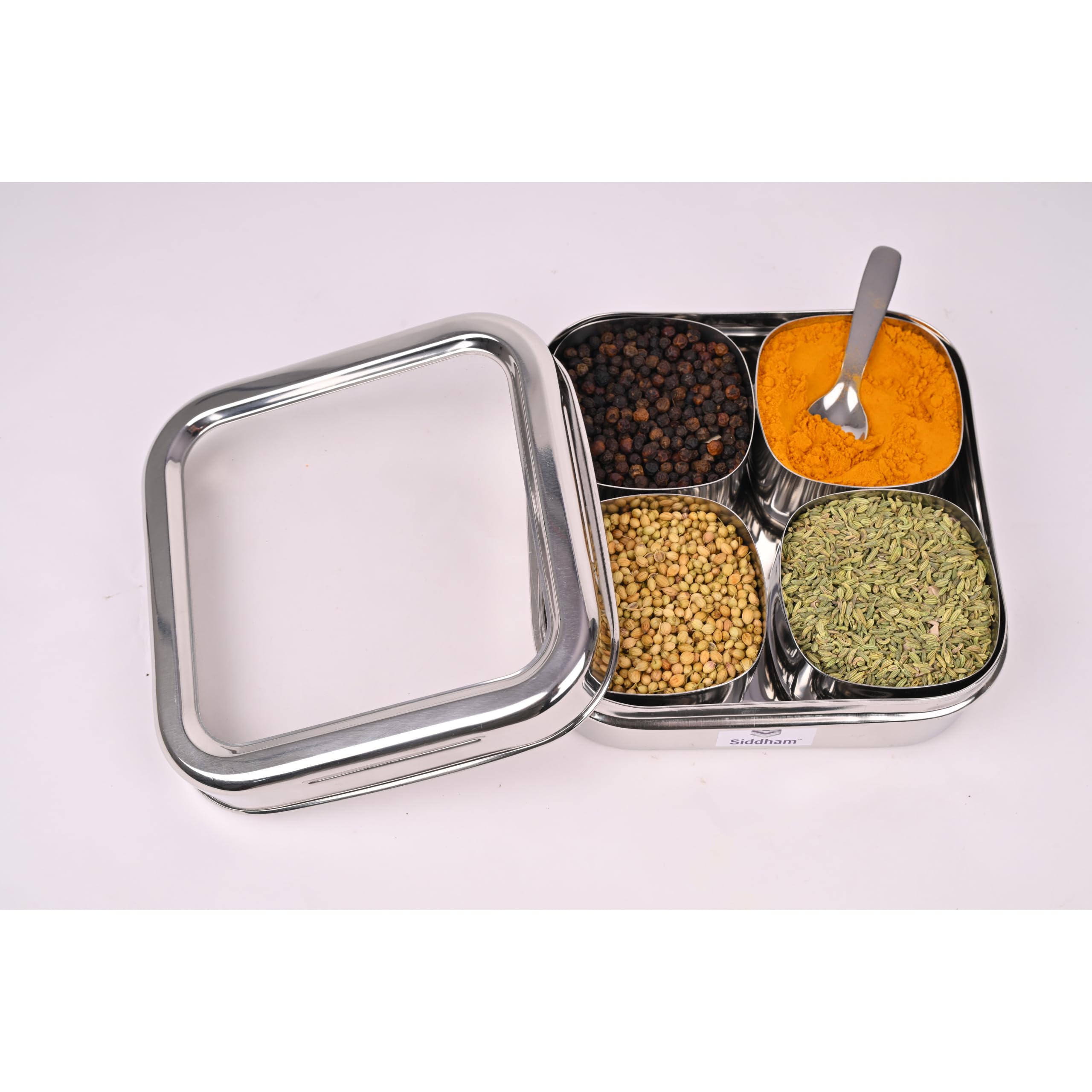 Ektara By ER Stainless Steel See-Through Masala Dabba 4 Compartments/Vati | Spice Organiser, Includes Spoon, Clear Lid, 4 Vati/Containers, Kitchen Storage-image-24
