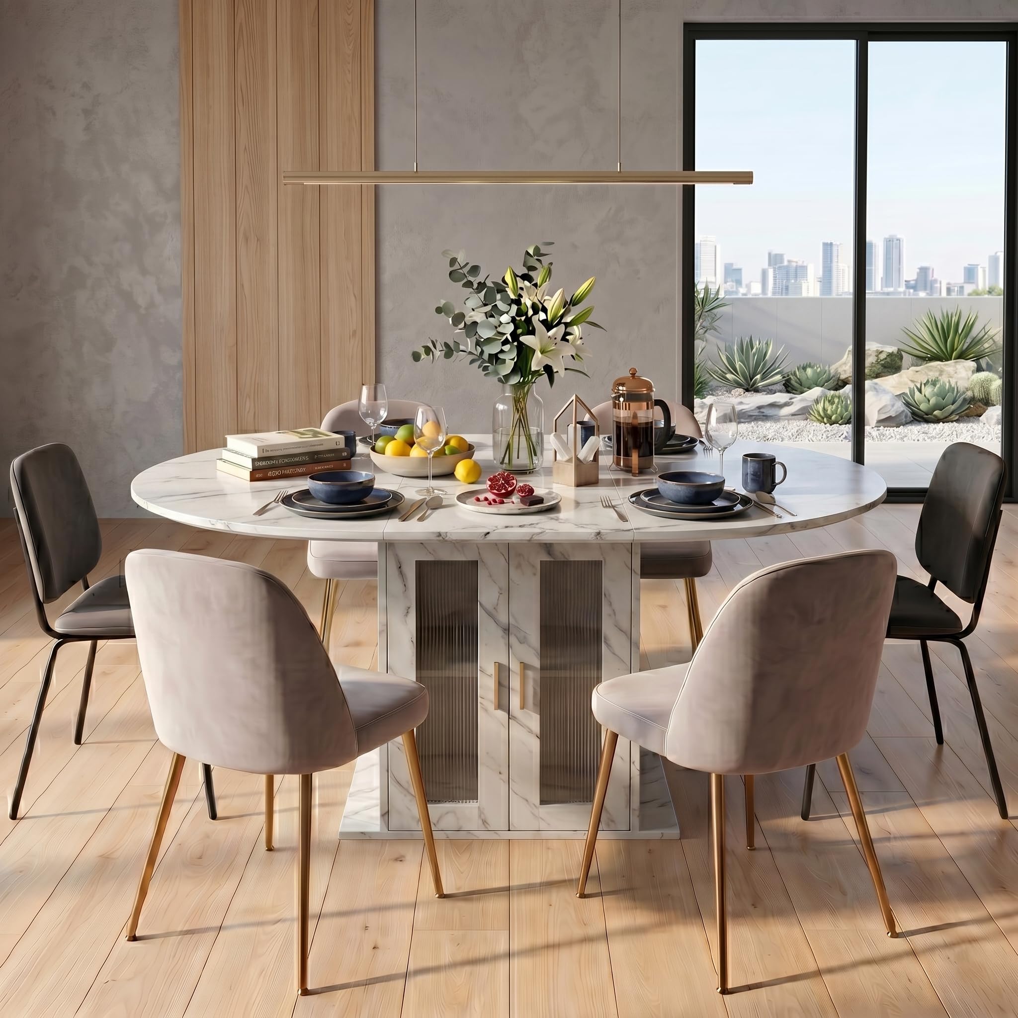 1 mesa de comedor extensible con almacenamiento para frigorífico, mesa de comedor redonda y ovalada para 4 – 6 personas, estable y ahorra espacio, para cocina, comedor y sala de estar (blanco, 100-140