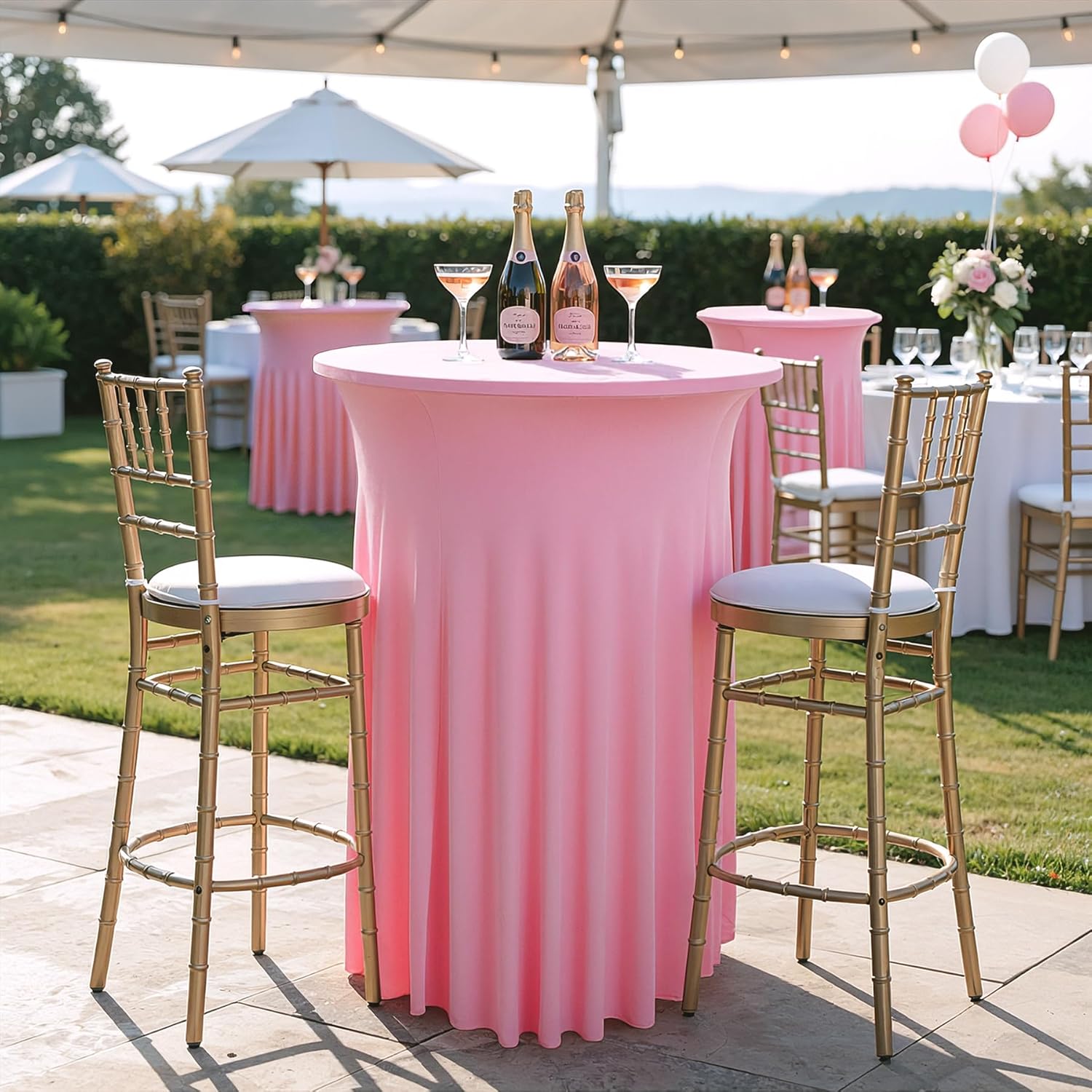 4 pk Pink Round High Top Cocktail Table Cloths 32inch×43inch, Wrinkle Free Stretchy Fitted Highboy Spandex Cocktail Tablecloth Table Covers with Pleats Skirts for Party Wedding Banquet Bar