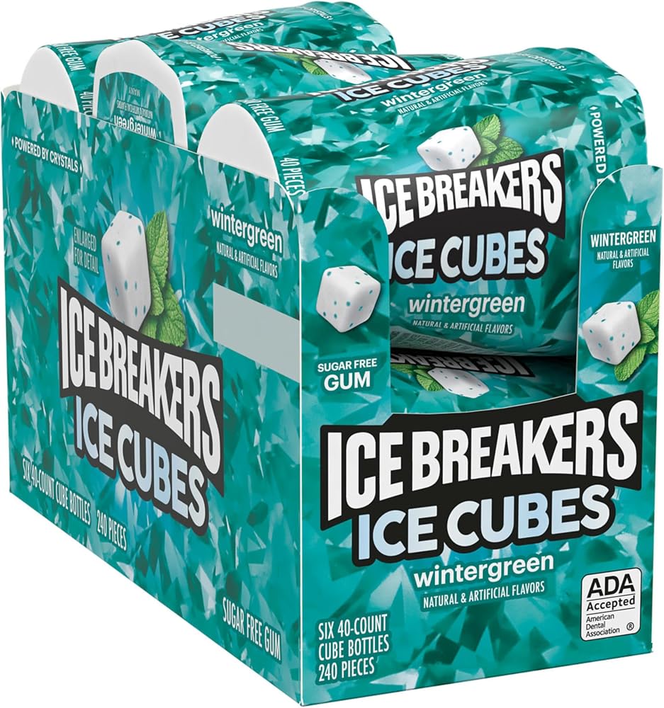 ICE BREAKERS Ice Cubes Wintergreen Flavored Sugar Free Chewing Gum Bottles, 3.24 oz (6 Count, 40 Pieces)