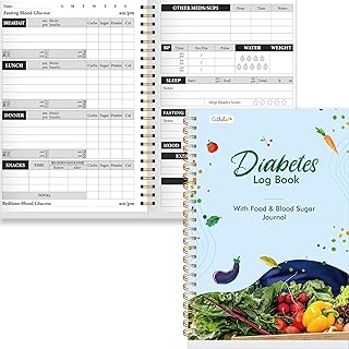 Diabetes Log Book, 80 Sheets Food & Blood Sugar Track Journal Spiral Bound Notebook for Types 1 & 2 Diabetics, Attached Diabetes Food List for Meal Plan & BG Control