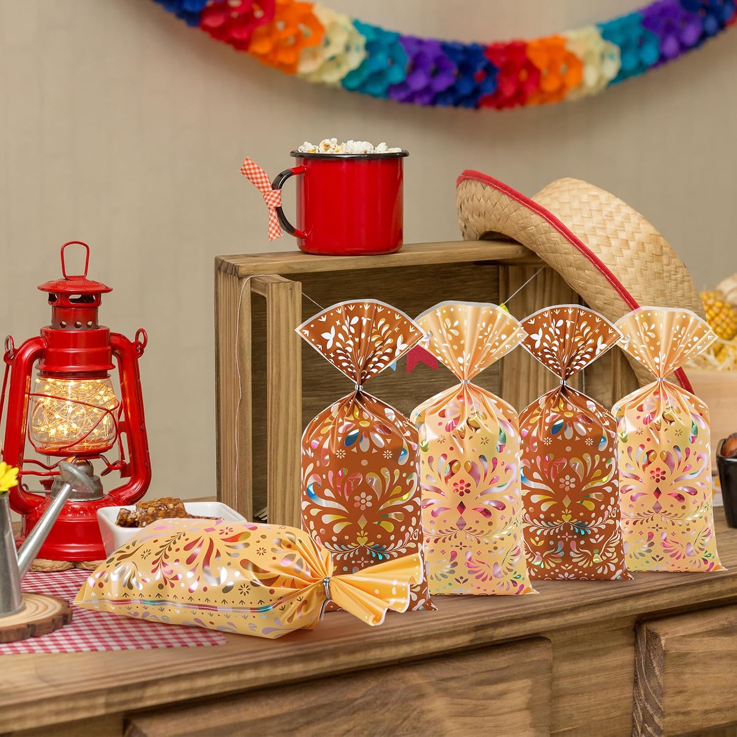 Funrous 100 Pcs Cielito Lindo Candy Bags Mexican Fiesta Gift Bags with Twist Ties Cinco De Mayo Party Favors Barro Candy Sack Talavera Sack for Mexican Wedding Fiesta Party Supplies(Brown Series)
