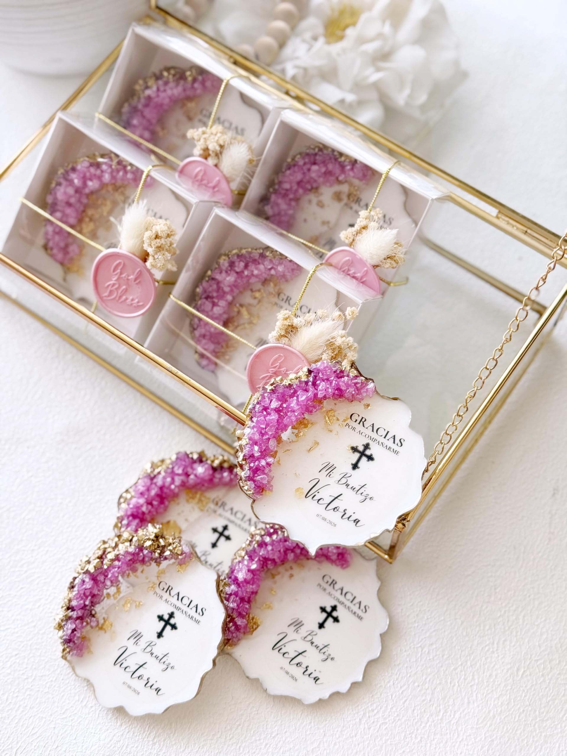 Personalisierte Gastgeschenke Taufe, Taufgeschenk für Gäste, Epoxidharz Magnet mit Name & Datum, Gastgeschenk Taufe Junge Mädchen, Christliche Taufdeko mit Wachssiegel (20 Stück mit Geschenkbox)
