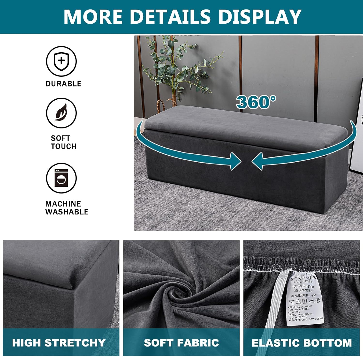 KRFOONN Rectangle Ottoman Covers Stretch Storage Ottoman Slipcovers Velvet Oversized Folding Storage Bench Cover Footrest Stool Slipcover Furniture Protector for Living Room Bedroom,Dark Grey