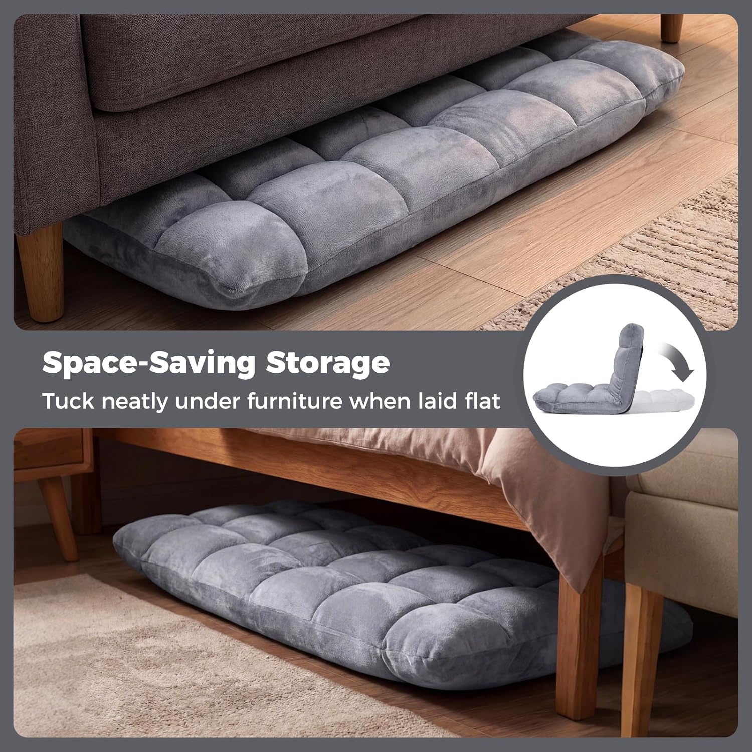 Floor Chair with Back Support, Foldling Gaming Sofa Chair with Comfy Cushion, Adjustable 14-Position Meditation Chairs, Lazy Lounge Recliner Reading Seat for Adults, Kids (Grey, Small)