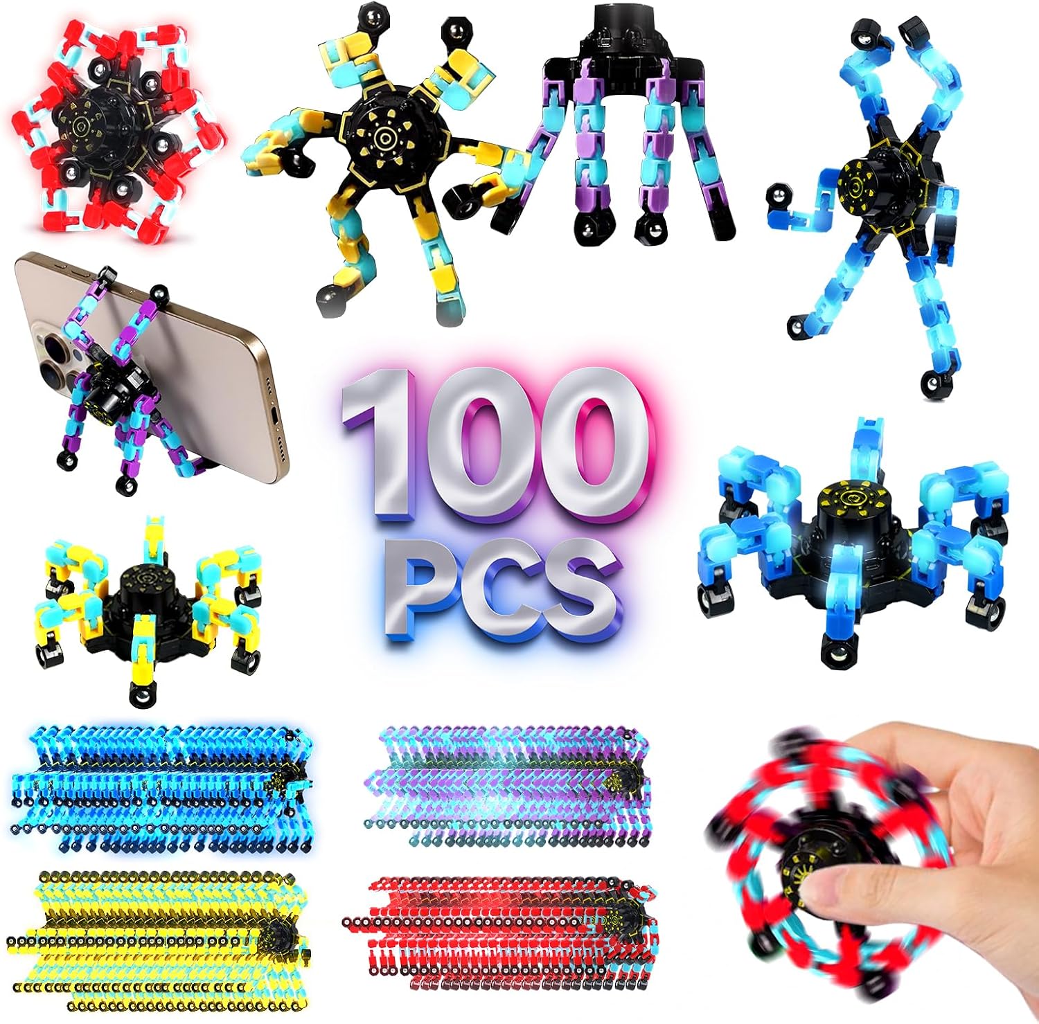 Easter Basket Stuffers for Kids, 100PCS Glow Transformable Fidget Spinners for Kids and Adults, Stress Relief Sensory Toys for Boys and Girls, Fingertip Gyros Easter Birthday Party Favors for Teens