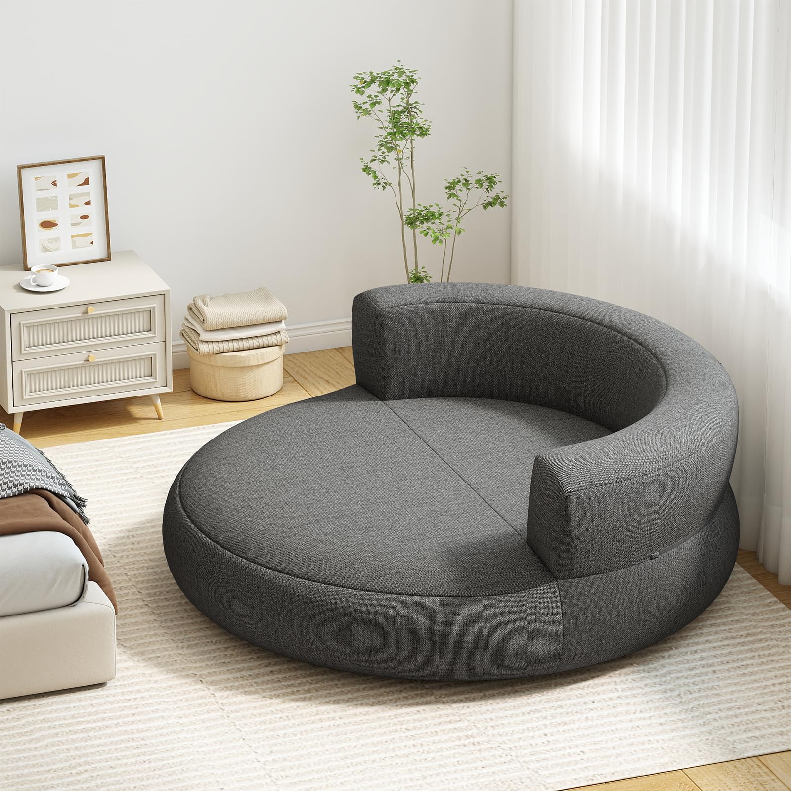 GOPLUS Canapé Gonflable Rond, Canapé -Lit Convertible Pneumatique avec Dossier, avec Housse Amovible & Base Antidérapante, Charge 220KG (160x164x61 CM|Rond,Gris)