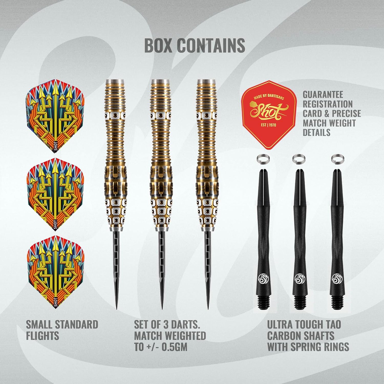 Shot Darts Steel Tip, Roman Empire Legion (23g/ 24g/ 25g) 90% Tungsten Barrels, Front Balanced with Secure Grip, Professional Dart Set and Flights Made in New Zealand, Metal Tip Bar Darts