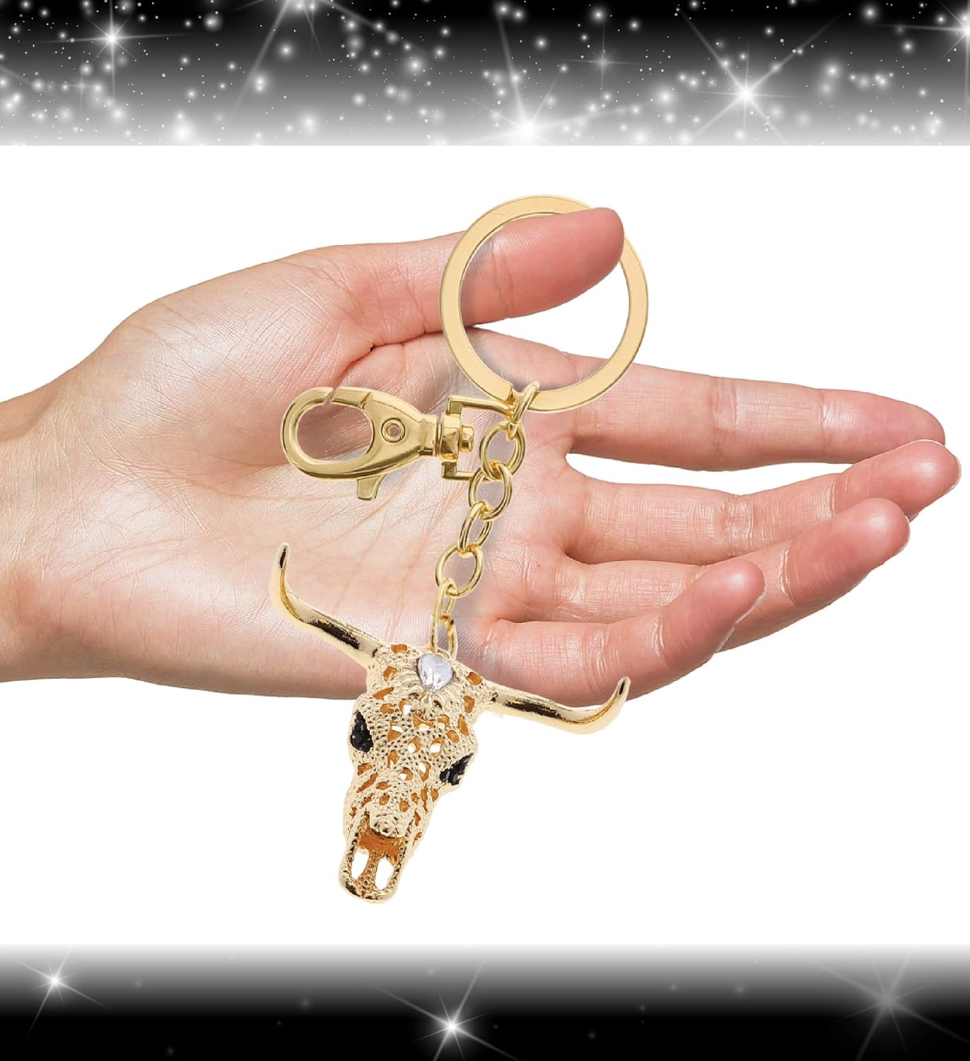 Longhorn Skull Keychain - Gold 3D Sparkling Charm Rhinestones Fashionable Stylish Metal Alloy Durable Key Ring Bling Crystal Jewelry Accessory With Clasp - Image 4