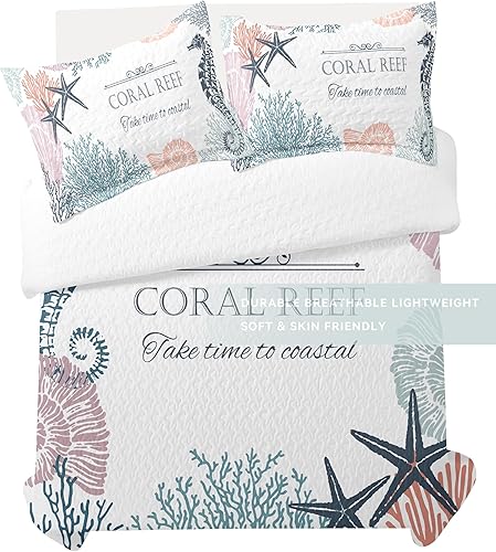 Miniatura 4 de weesire Ropa de cama costera tamaño Queen con 2 fundas, juegos de edredón náutico de playa, colchas oceánicas, cubrecama costero, ropa de cama de