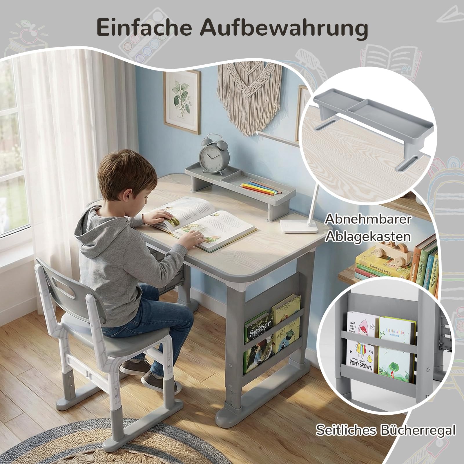 MAMIZO Höhenverstellbarer Kinderschreibtisch mit Stuhl Set, Graffiti-Tisch von 3-12 Jahren, Schreibtisch Kinder mit Seiten-Bücherregal & Ablagekasten, Ideal für Kinderzimmer & Arbeitszimmer (Grau)