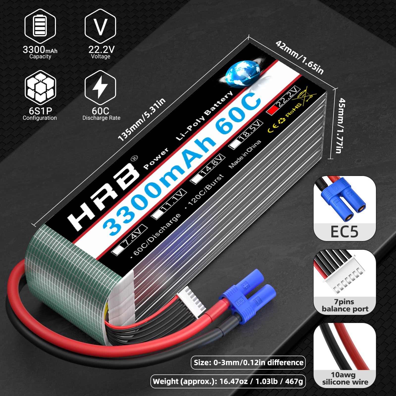 HRB 2PCS 6S 22.2V 3300mAh 60C Lipo batteria con spina EC5 per RC Helicopter Airplane Car Boat Truck