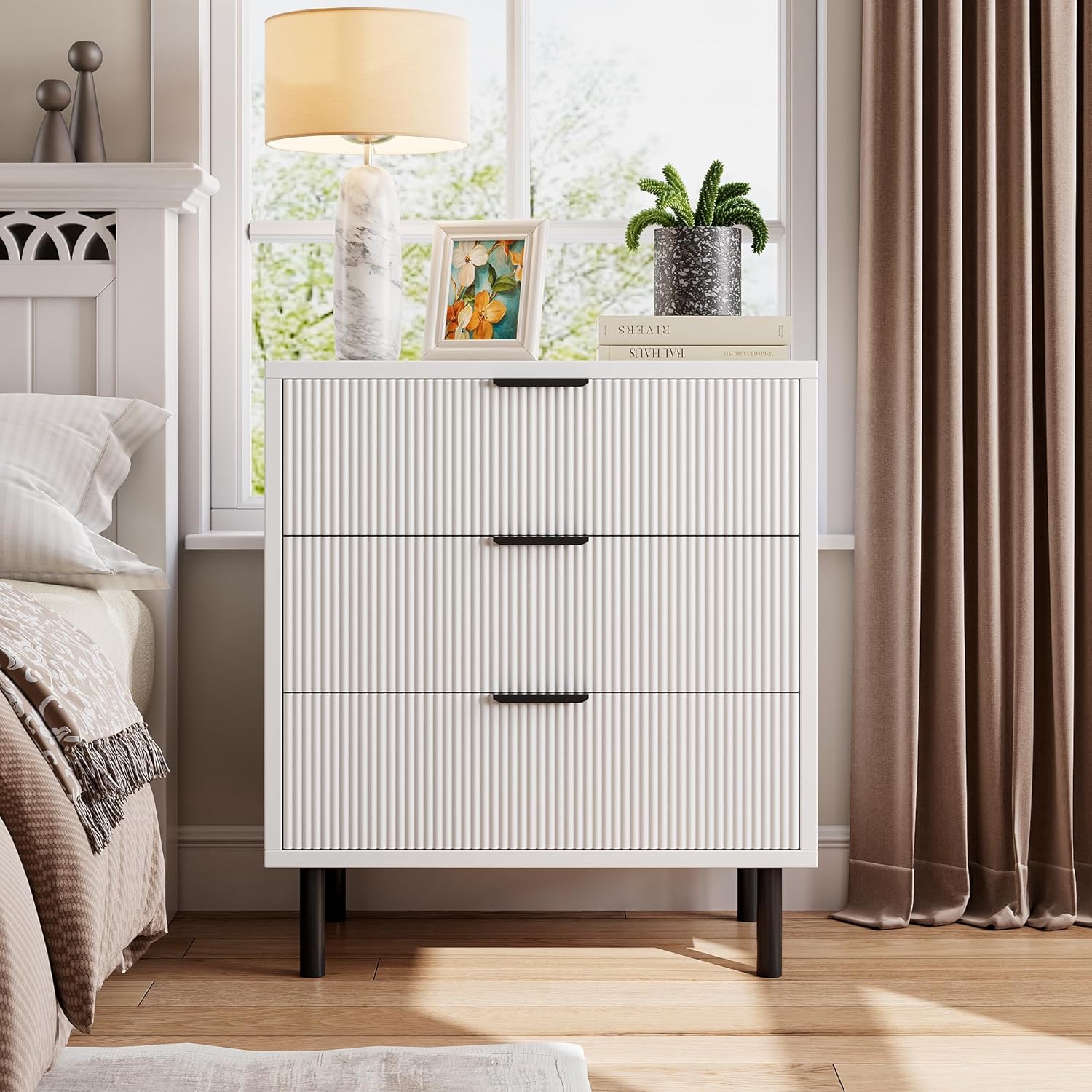 GarveeHome White Fluted 3 Drawers Dresser, Wide Wood Chest of Drawers, Modern Storage Dresser Chest of Drawers Organizer with Metal Legs and Anti-Tipping Device for Bedroom Living Room White 15.7"D x 27.6"W x 29.9"H (3 Drawers)
