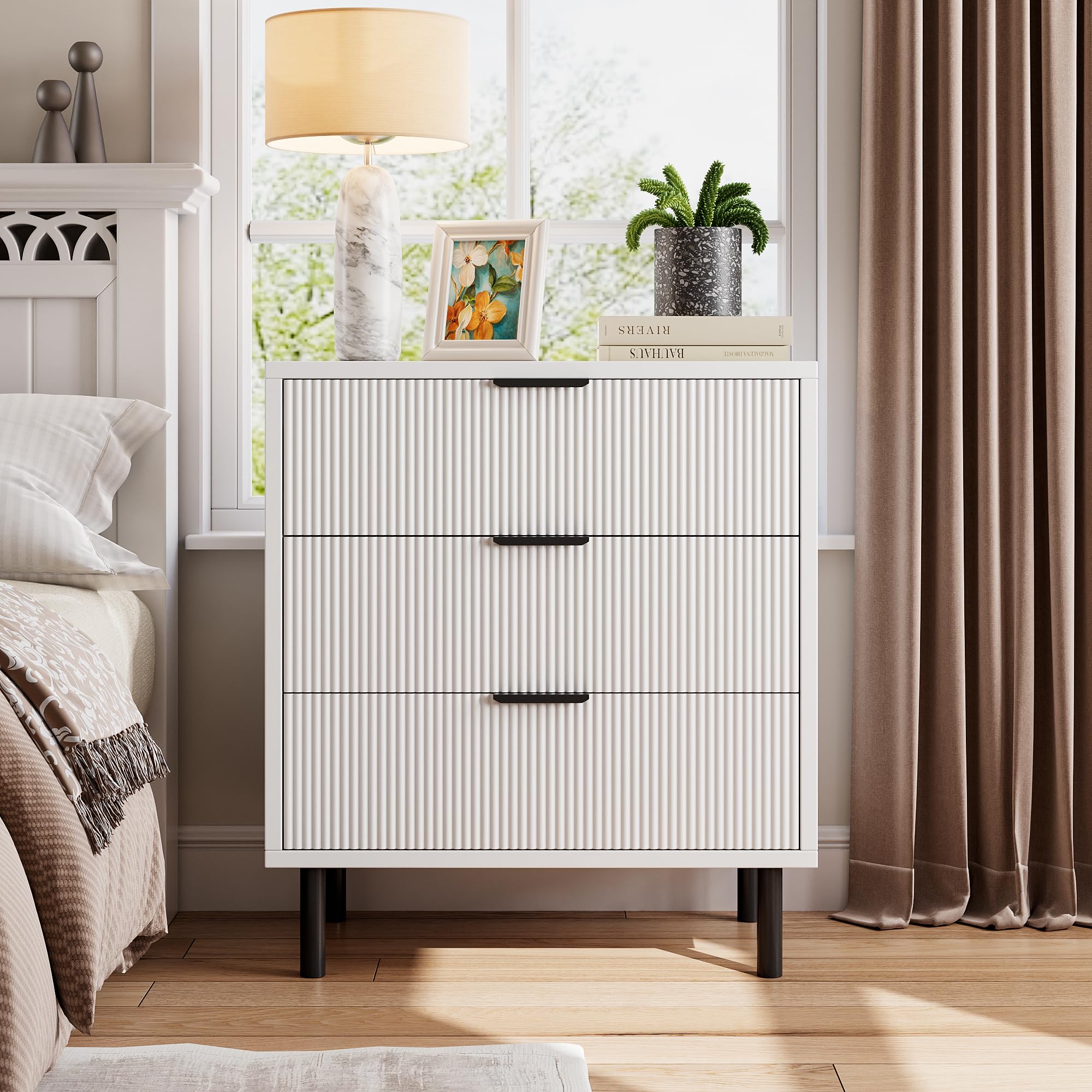 GarveeHome White Fluted 3 Drawers Dresser, Wide Wood Chest of Drawers, Modern Storage Dresser Chest of Drawers Organizer with Metal Legs and