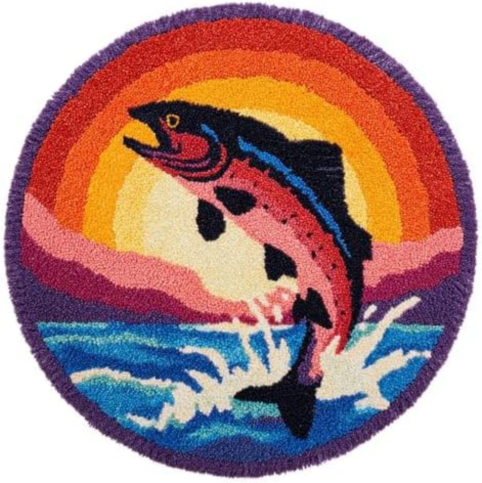 Latch Hook Rug Kit Trout Fish Jump Out From Water Under S Round Rug 52x52cm