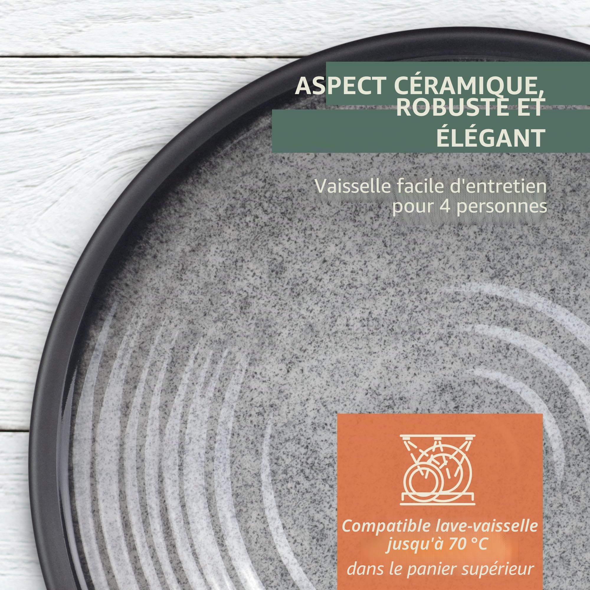 Moritz - Ensemble de vaisselle de camping en mélamine pour 4 personnes - Gris pierre + 4 verres Milano - Vaisselle de table - Vaisselle pour pique-nique, barbecue, ustensiles de cuisine