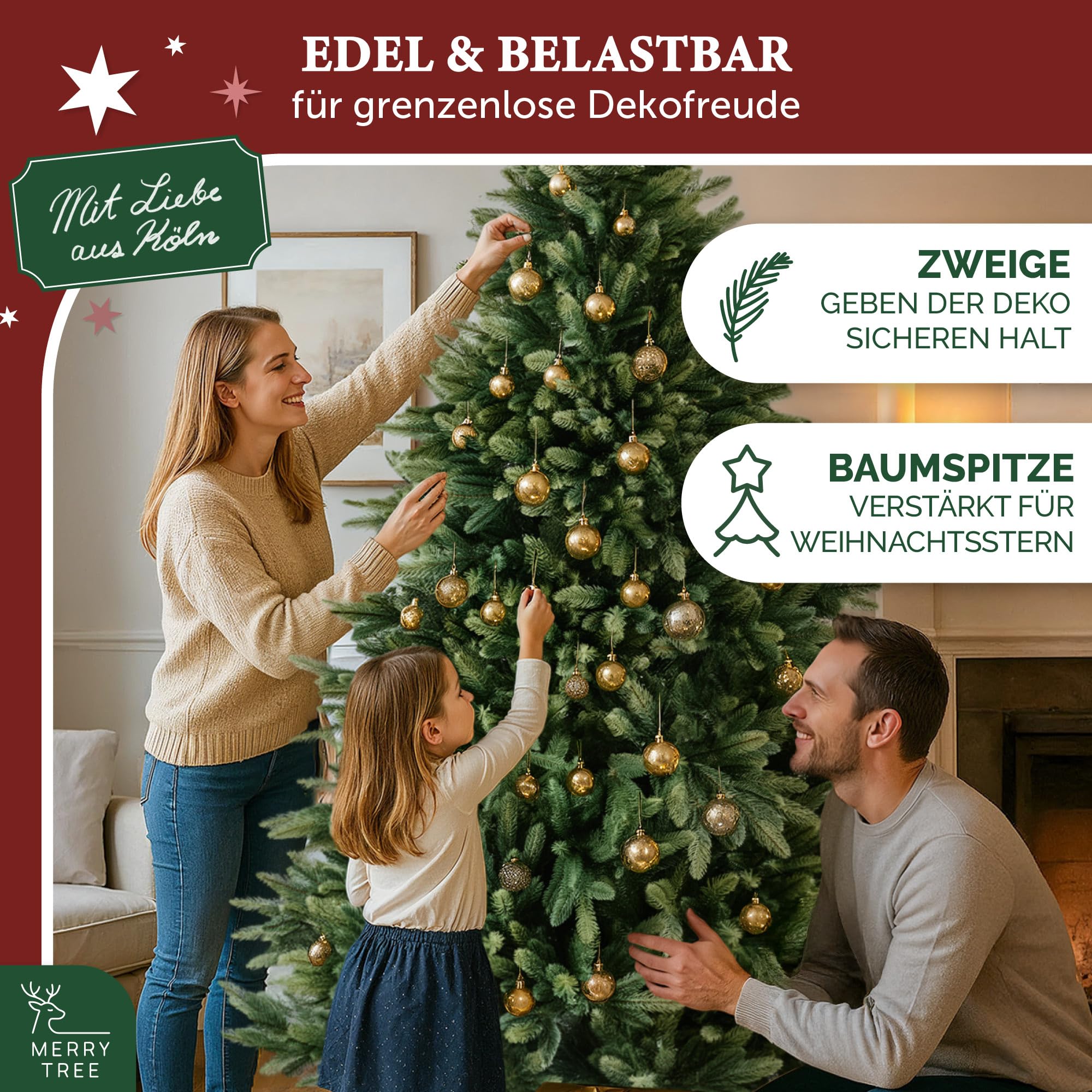 MerryTree Luxus künstlicher Weihnachtsbaum 180 cm - großer Weihnachtsbaum Spritzguss - naturgetreue PE-Nadeln + Holzfuß massiv - schwer entflammbar - Tannenbaum künstlich - Nordmanntanne