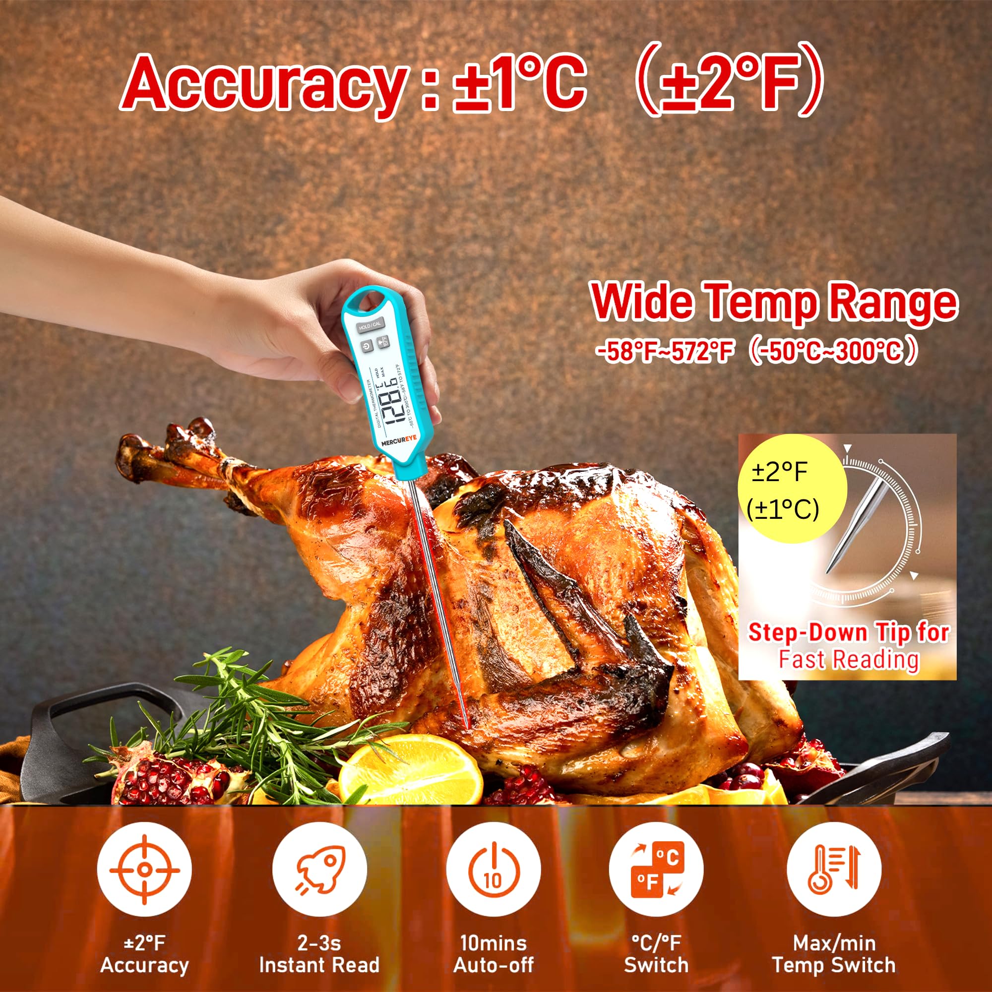 Instant Read Digitales Fleischthermometer - Wasserdicht IP66, Anti-Rutsch-Griff, Hintergrundbeleuchtung, Auto On/Off, Breite Genauigkeit, Küchentimer & Temperaturdiagramm - für Kochen