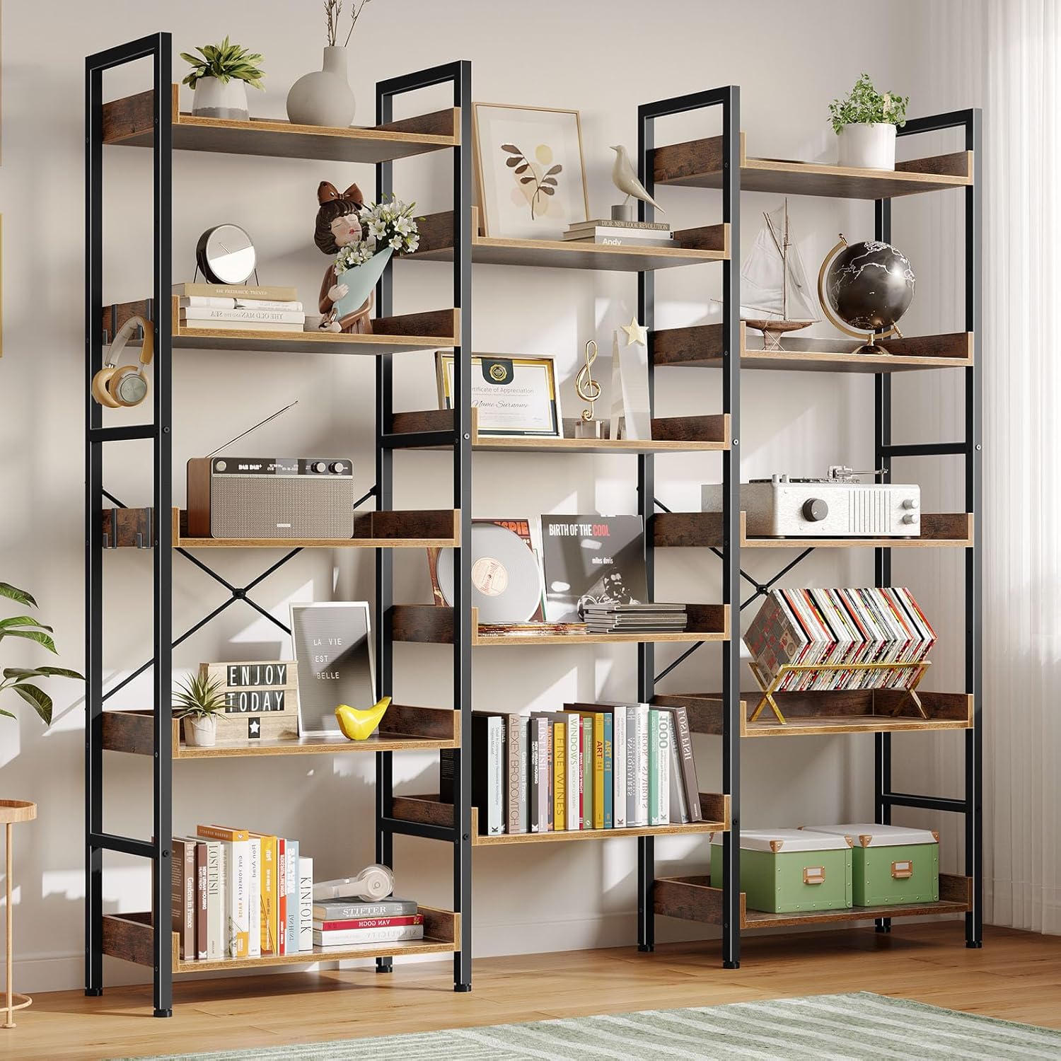 Rolanstar Bookshelf 5 Tiers, Triple Bookcase with Open Display Shelves, Industrial Wide Bookshelf with Metal Frame for Living Room, Office, Rustic Brown - Image 2