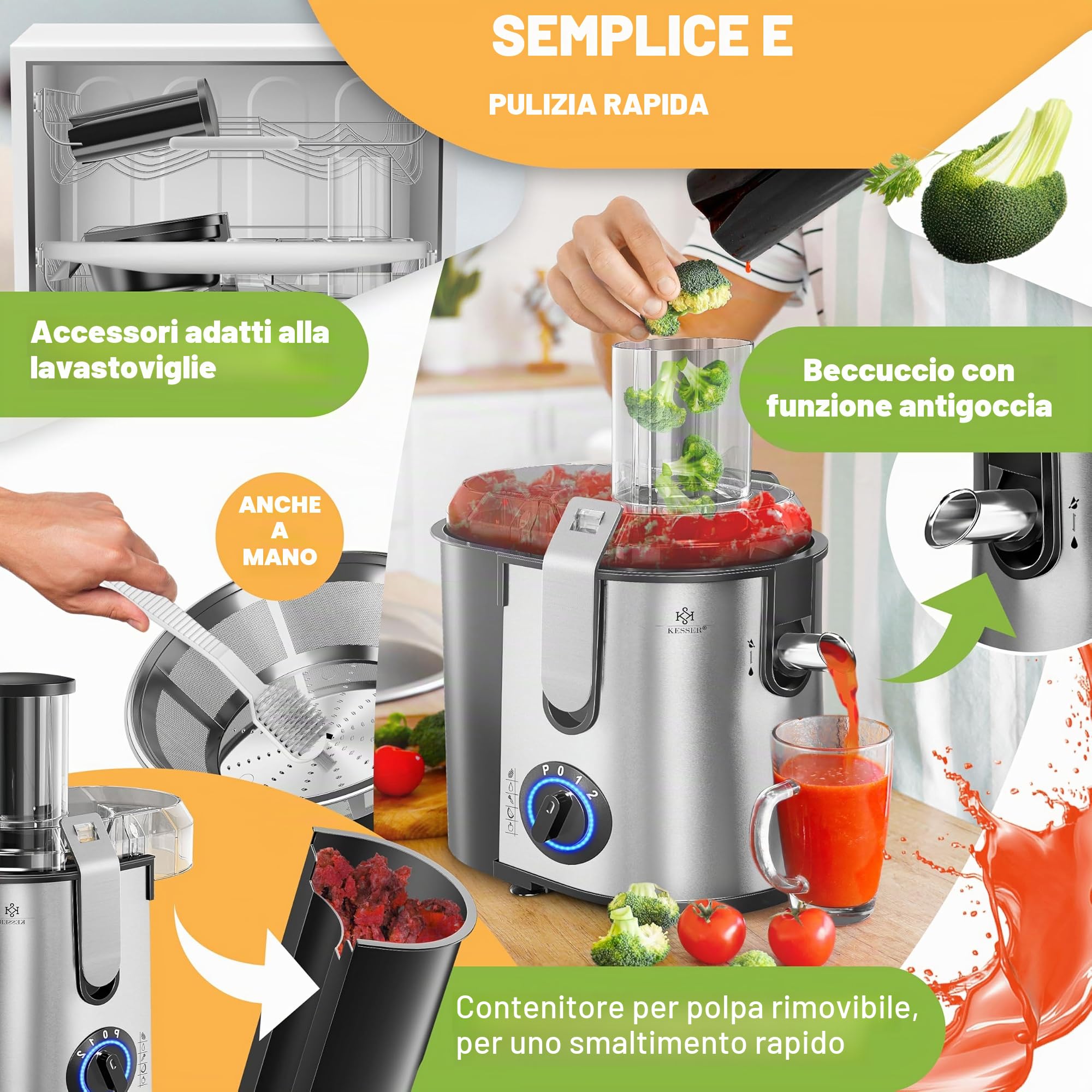 KESSER - Centrifuga Frutta e Verdura, 800W Estrattore di Succo a Freddo con 85MM Bocca Larga, Centrifuga in Acciaio Inox a Doppia Velocità con Funzione Antigoccia, Facile Pulizia, Senza BPA