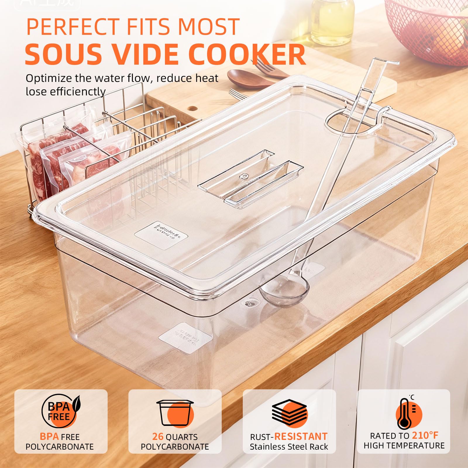 Récipient sous vide de 25 l avec couvercle, grille et cuillère - Baignoire de cuisson de précision pour circulateurs d'immersion instantanée Anova Nano, Joule, grand kit d'accessoires