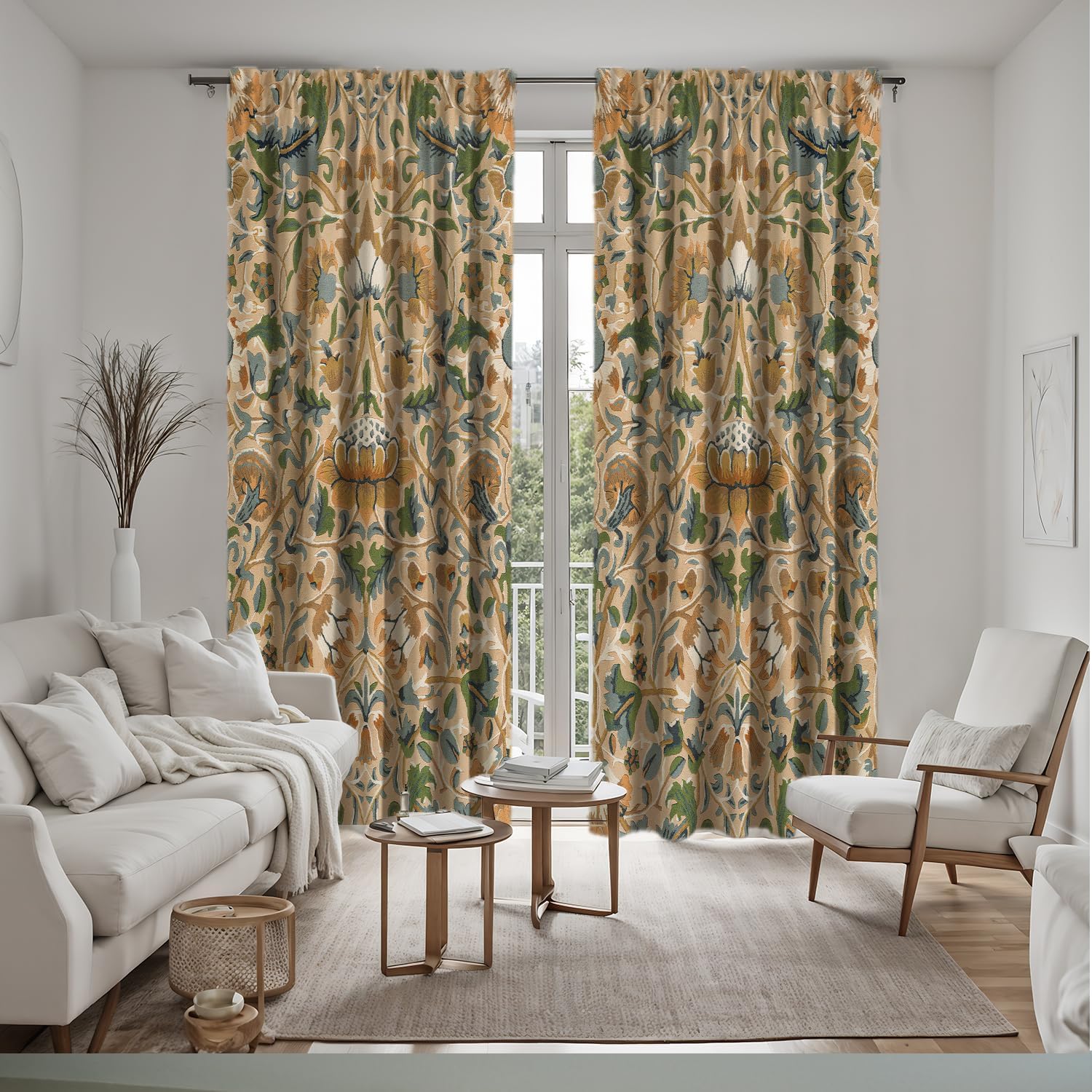 William Morris Floral Curtains, Vintage Botanical Drapes with Birds and Yellow Flowers, Beige Background Nature-Inspired Window Treatments for Bedroom or Living Room, 2 Panels 52x96 Inch