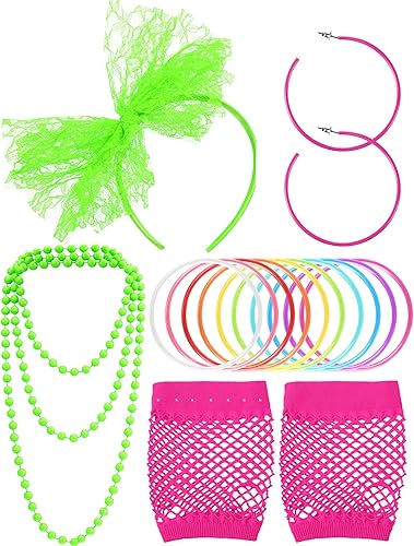 Blulu 80s Costume Accessories for Women Lace Headband Earrings Fishnet Gloves Necklace Bracelet for 80s Retro Party