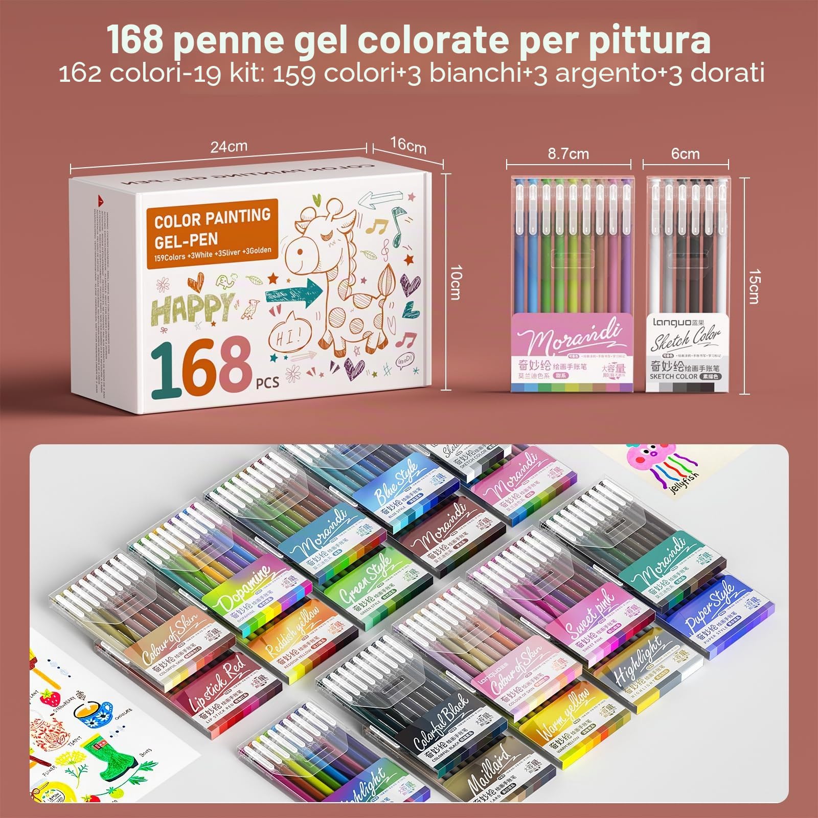 TrendGate Set di 168 penne gel, punta fine da 0,5 mm, 162 colori (159 colori + 3 bianco/3 argento/3 oro), set di penne gel per pittura, scrittura e diario