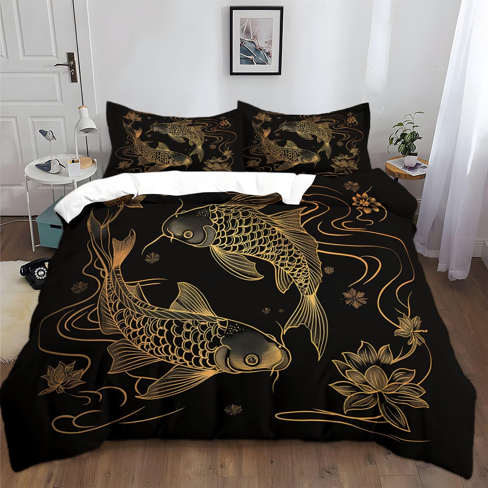 Parure de lit 220x240 cm motif poisson noir et or pour une décoration de chambre élégante et cocooning