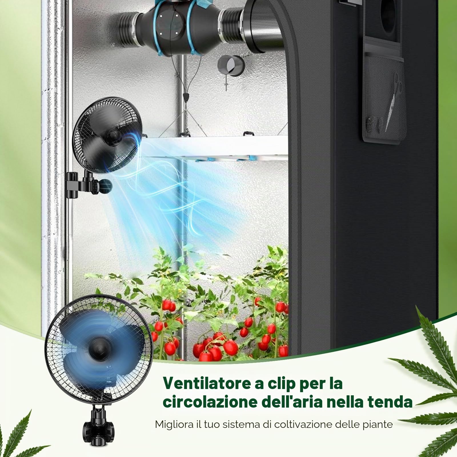 Ventola di crescita da 20 W con clip, ventilatore sedile posteriore auto 2 velocità (1500/2100 giri/min), oscillazione verticale di 120° e orizzontale di 90°, morsetto regolabile