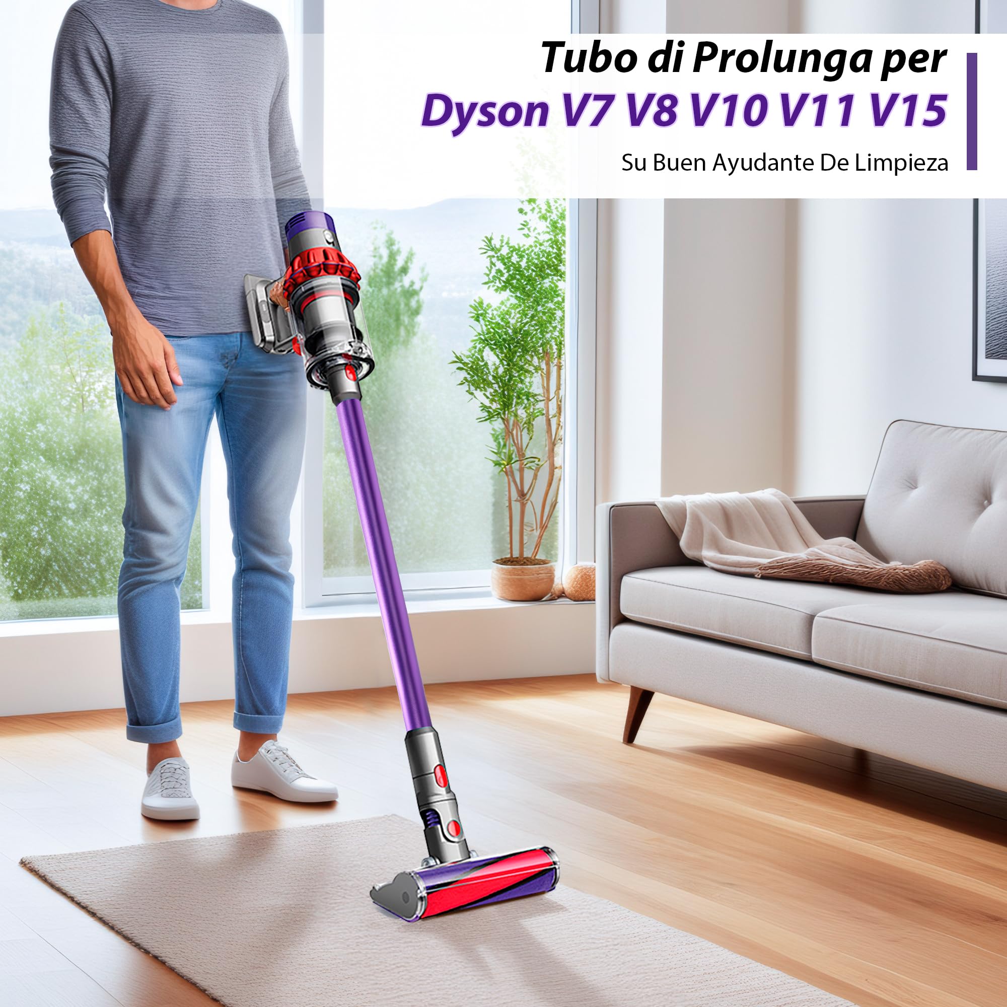 Tubo di Prolunga compatibile con Dyson V7 V8 V10 V11 V15, Tubo Telescopico Rigido, Asta di Estensione con Spazzole 2 in 1, Accessorio Aspirapolvere, Viola