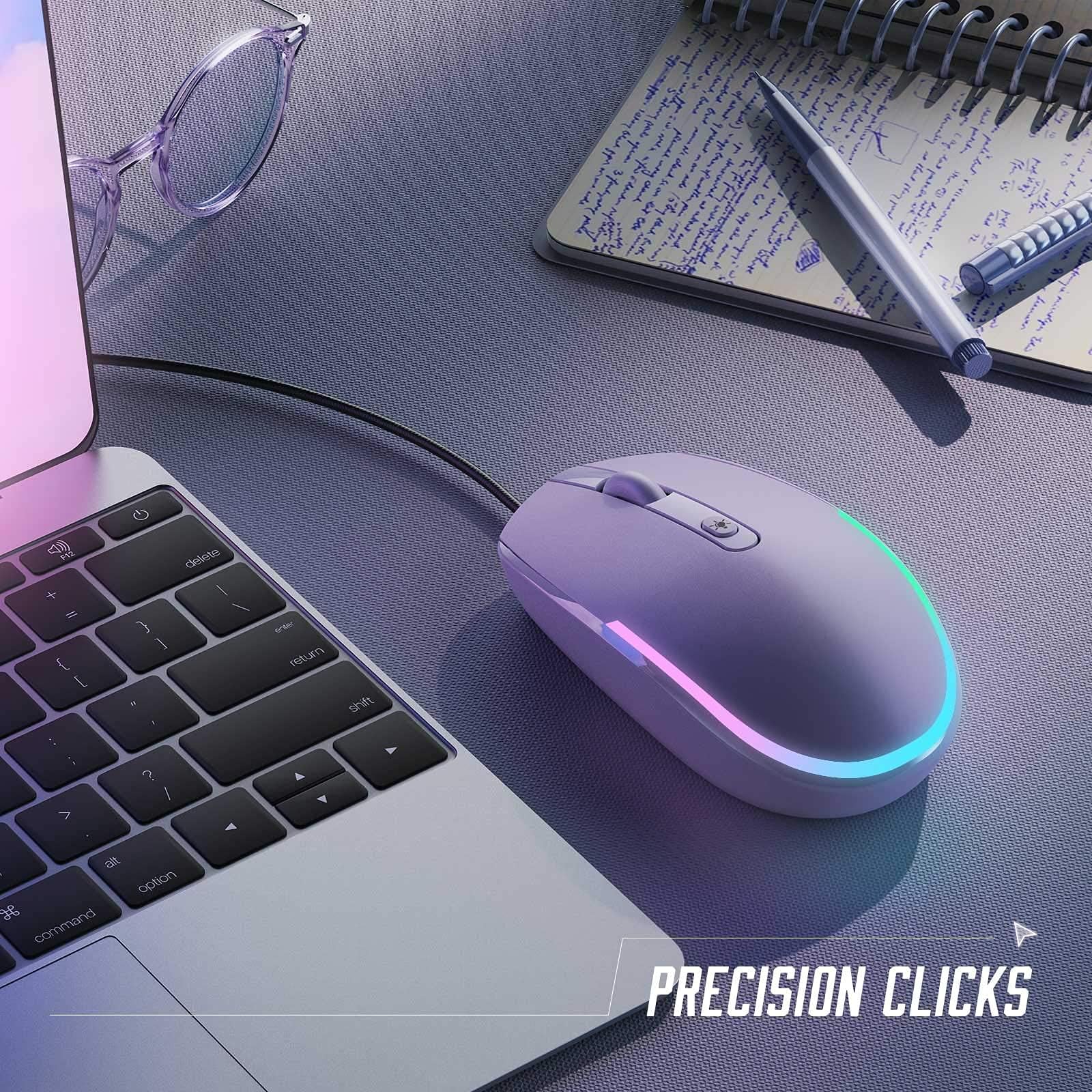 seenda Ratón USB con cable RGB retroiluminado ratón óptico de computadora con cable para ordenadores portátiles Chromebook - morado